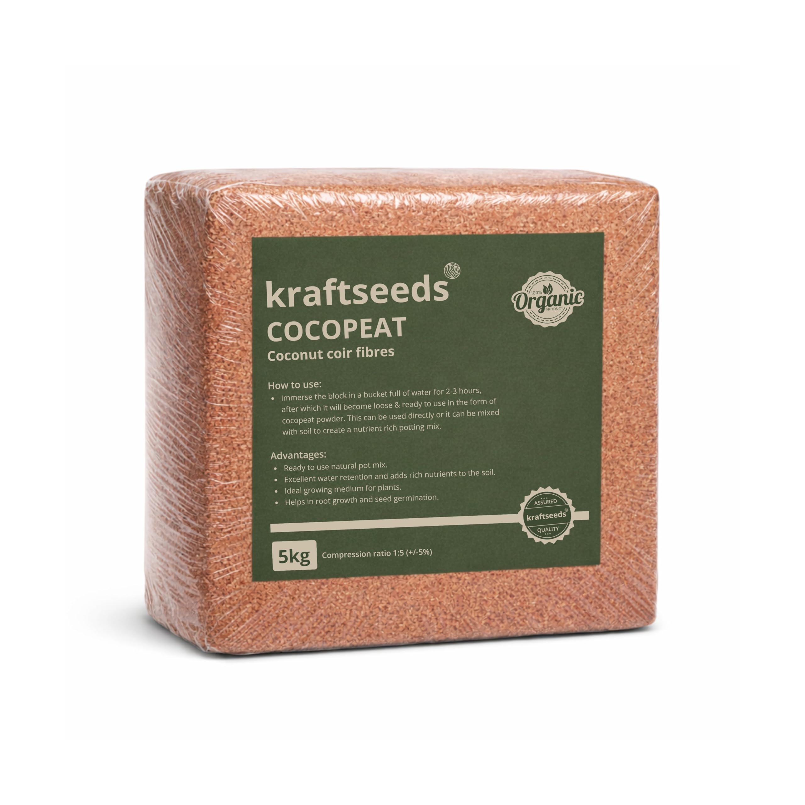 Kraft Seeds Cocopeat - 5kg Block for Gardening -9 Kraft Seeds Cocopeat - 5kg Block for Gardening -9