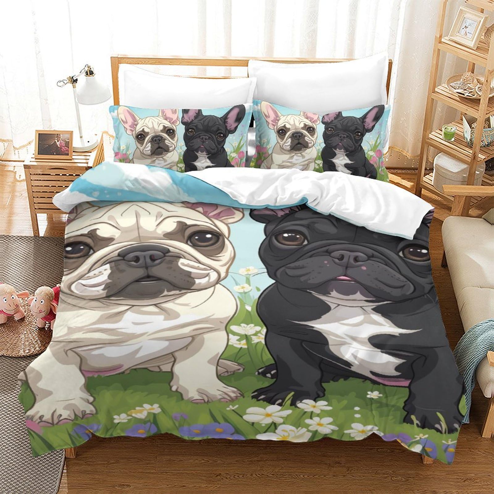 Housse de couette 140x200 chien microfibre parure de lit 3 pièces pour lit simple