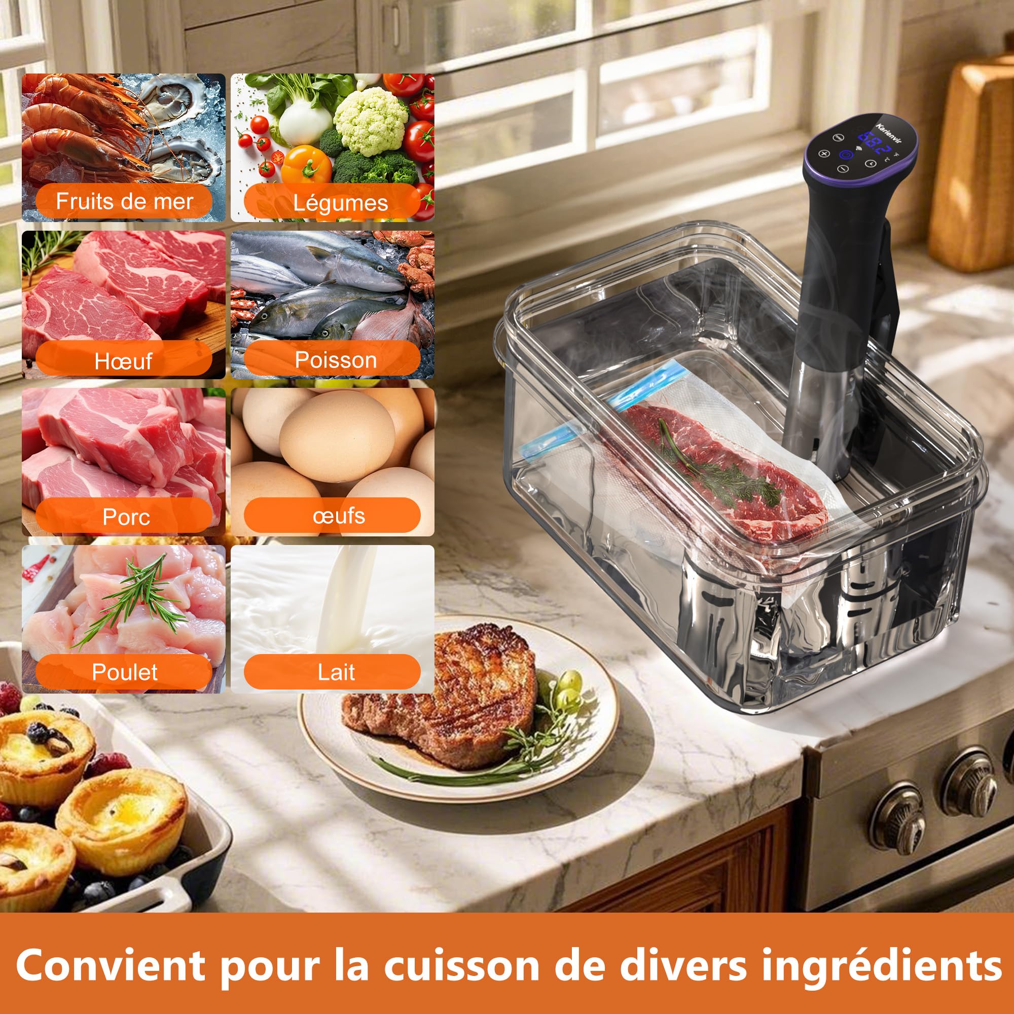 Cuiseur Sous Vide, Imperméable à l'eau,Calculateur dImmersion Cuisinière, Thermostat Réglable Contrôle Précis de la Température, Écran Tactile LCD 10 à 90℃