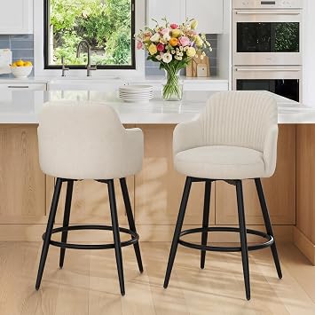 LUE BONA Swivel Bar Stools Set of 2, 26" Counter Height Bar Stools with Ergonomic Semi-Enclosed Back, Fabric Upholstered Barstools with Spring Cushion for Kitchen Island, Linen White