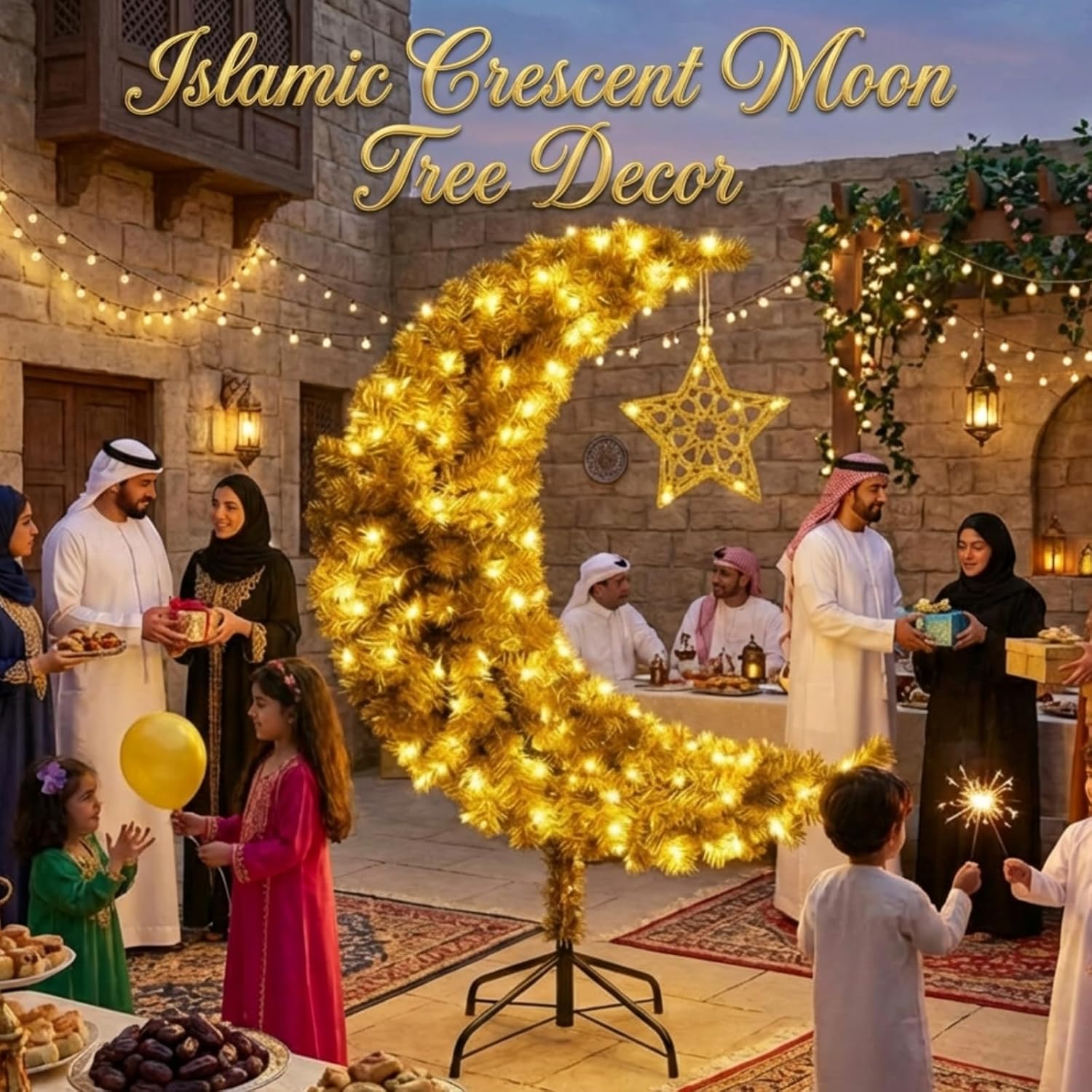Tuanse 4.5 ft Lighted Eid Ramadan Moon Crescent Artificial Tree with Star String LED Outdoor Decoration Muslim Islamic Crescent Artificial for Eid Ramadan Party Decoration Garden Home Decor