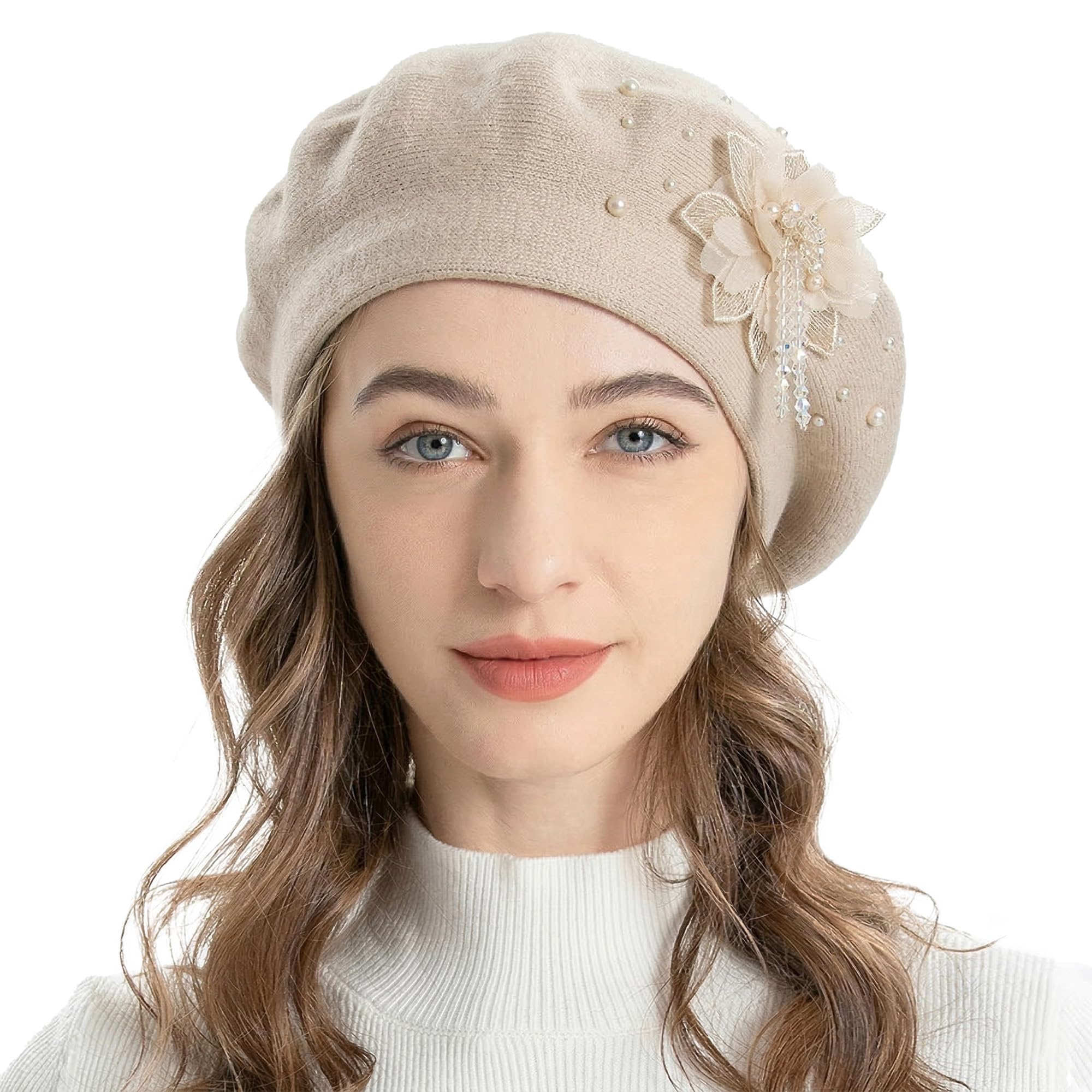 ZLYC Womens French Beret Hat Reversible Solid Color Cashmere Mosaic Warm Beret Cap(Flower Pendant Beige),One Size
