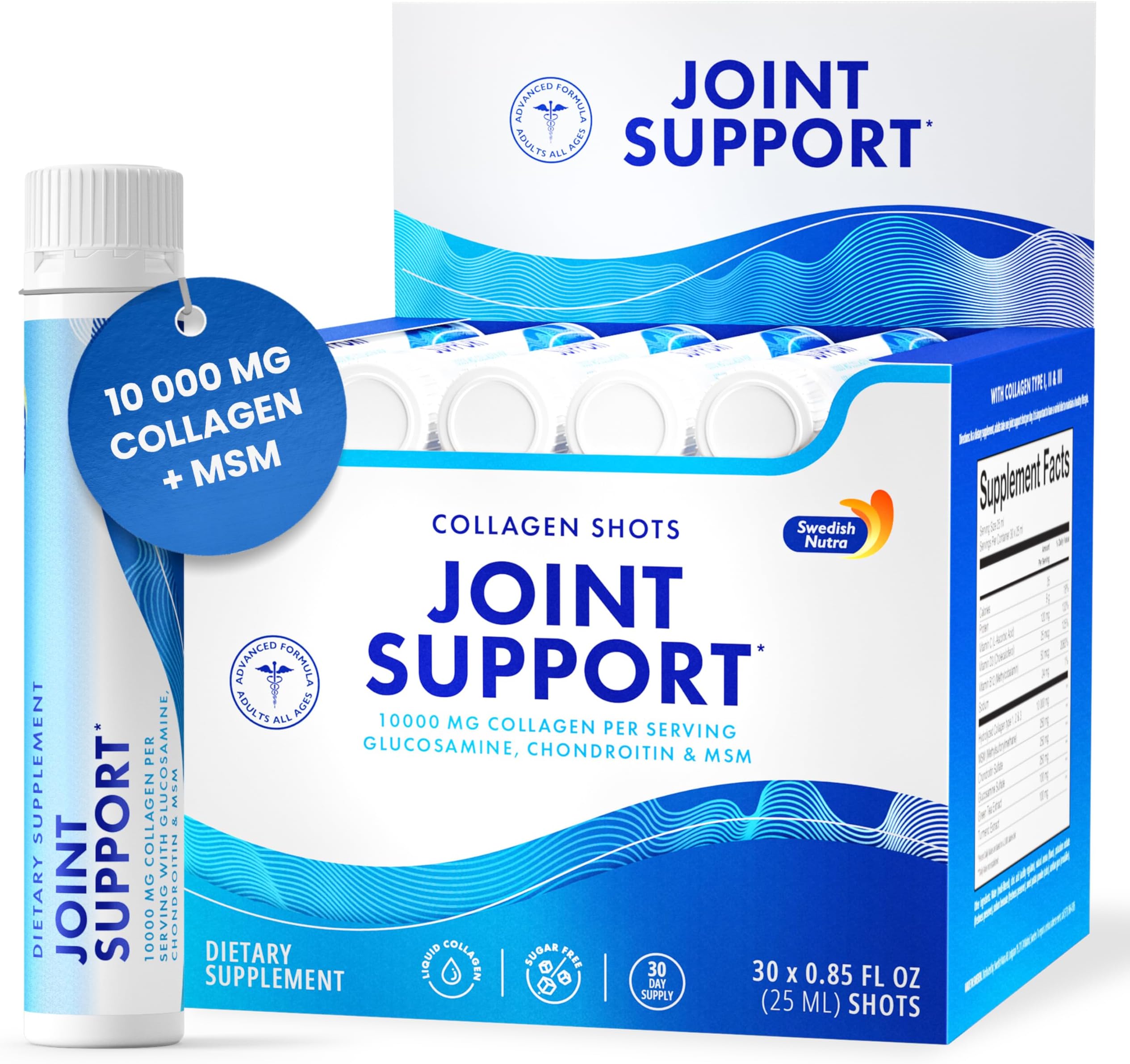 Swedish NutraJoint Support 30 Shots I Collagen Type I, II & III I Glucosamine, MSM, Chondroitin, Turmeric I Sugar-Free - 30 Day Supply