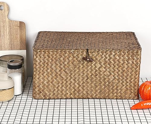 Vista 144 de Hipiwe Cestas de mimbre con tapa, cesta de pastos marinos tejida a mano, cestas rectangulares para el hogar, cajas para estantes, armario, Café
