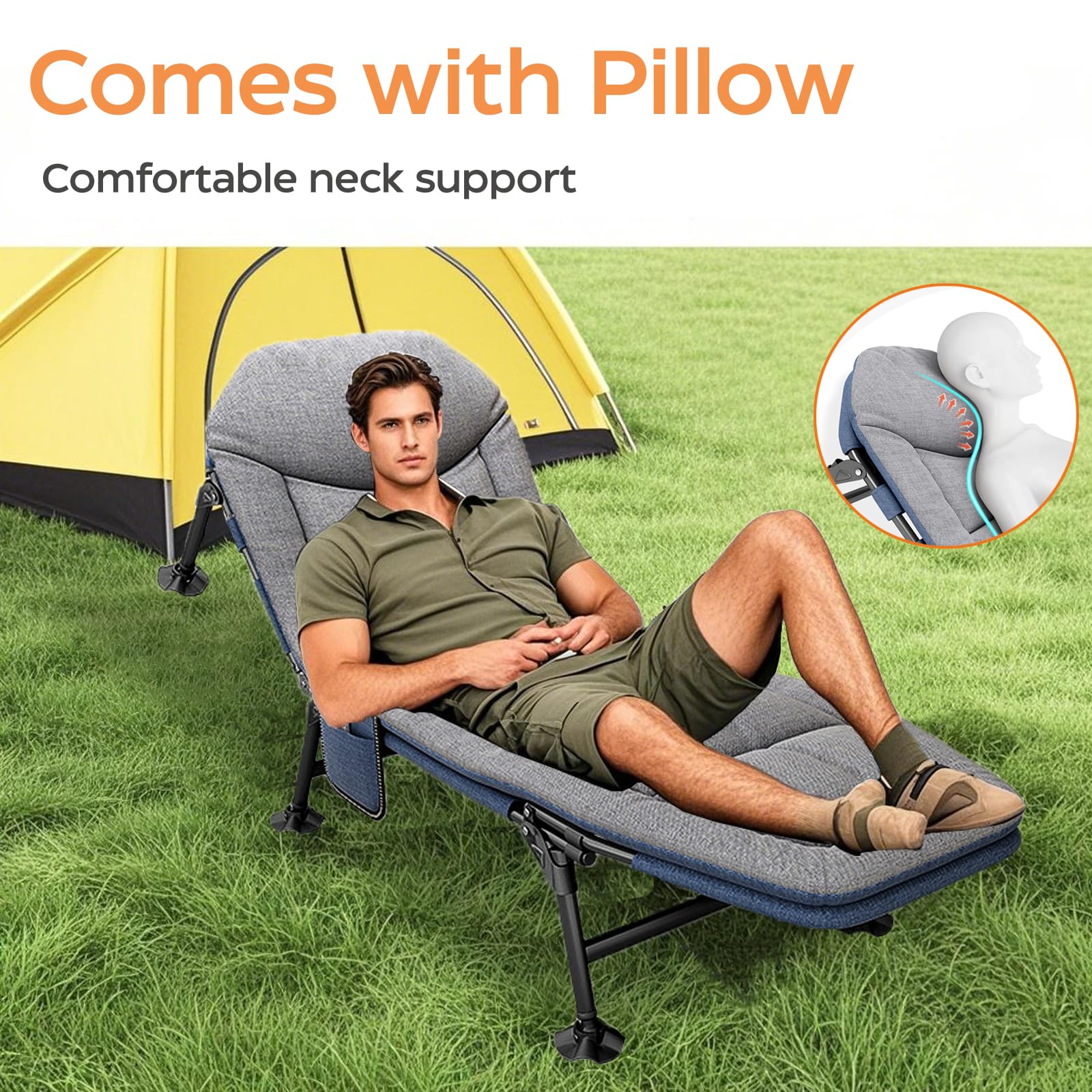 Lit de camp pliable avec poche latérale - Chaise longue de camping avec dossier réglable en 5 positions - Lit pliant pour l'extérieur et l'intérieur - 190 x 65 cm (gris)