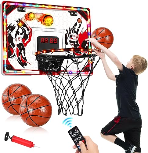 Mini aro de baloncesto para interiores con luz LED y marcador, aro de baloncesto para niños con 6 modos de aro y luz de respiración y control