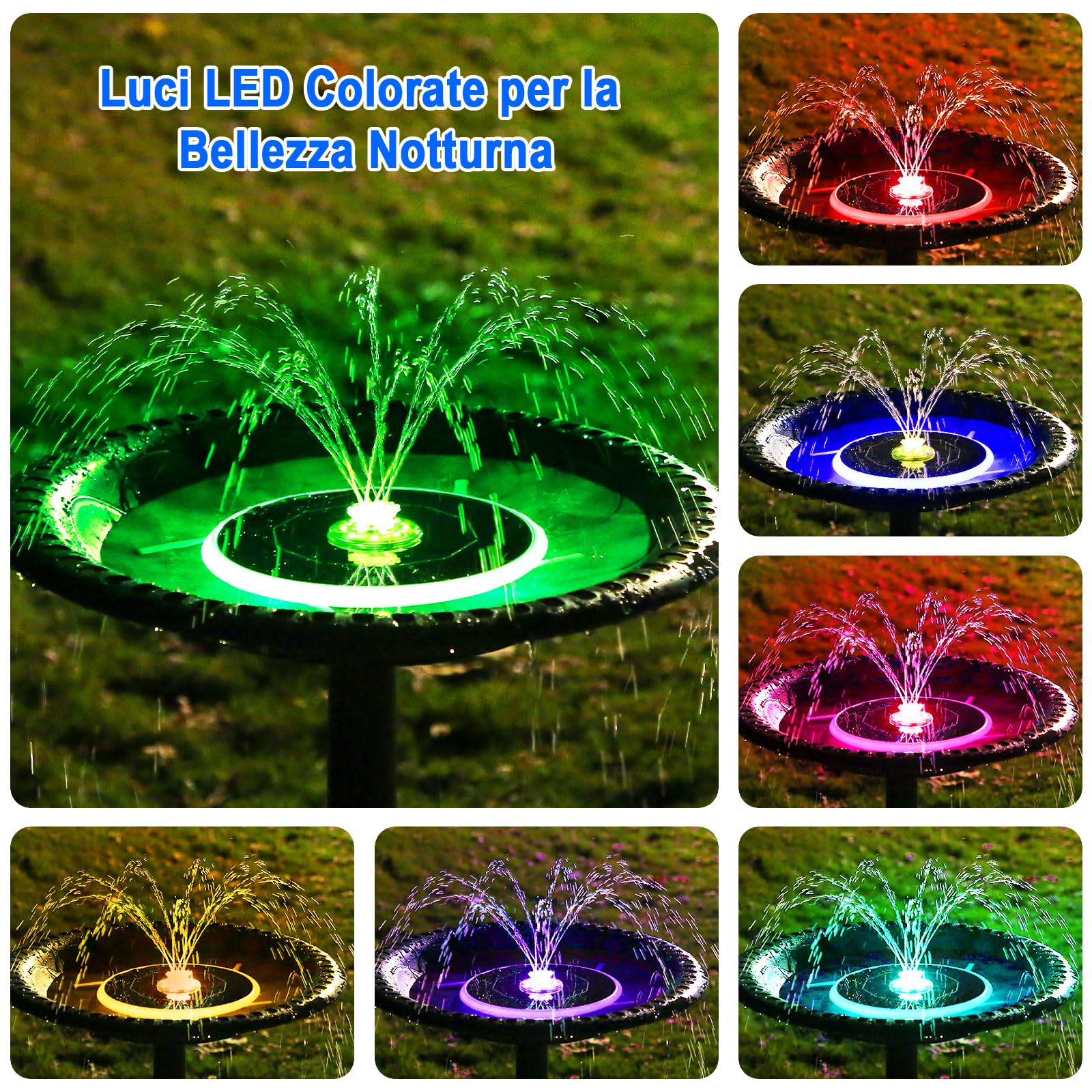 AISITIN 6,5 ​​W LED Fontana Solare per Esterni Migliorata con Batteria da 3300 mAh, Pompa per Fontana con Vari Effetti di Spruzzo, con Barra Luminosa, Fontana Solare per Esterni per Giardino, Laghetto