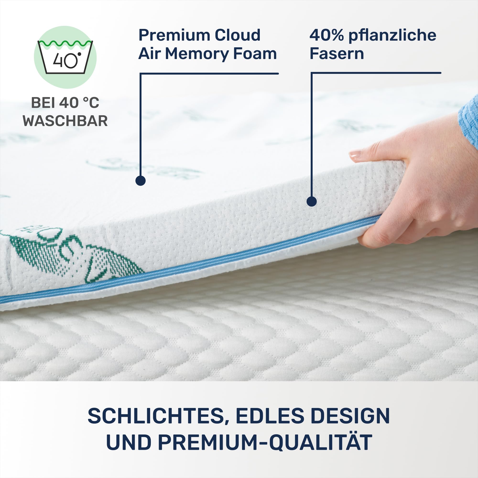 Dailydream Topper 140x200cm aus Memory Foam, 5 cm hoch | Edition Aloe Vera, H1/2, weicher Matratzentopper mit waschbarem Bezug, Noppen und elastischen Bändern.