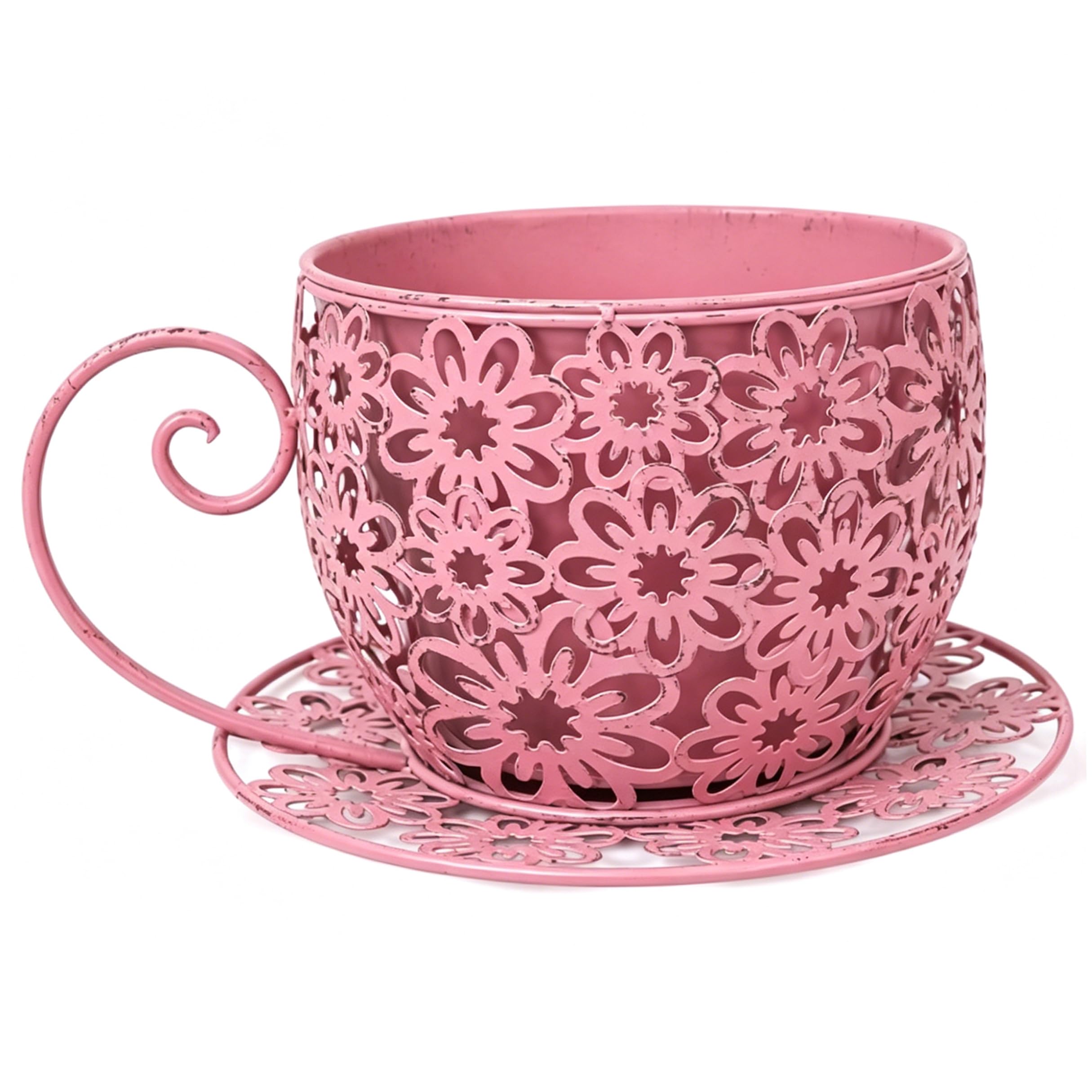 Faroby Teacup Planter, Cute Metal Succulent Pot Retro Floral Hollow Planter Dual-Function Indoor Outdoor Decor, Teapot