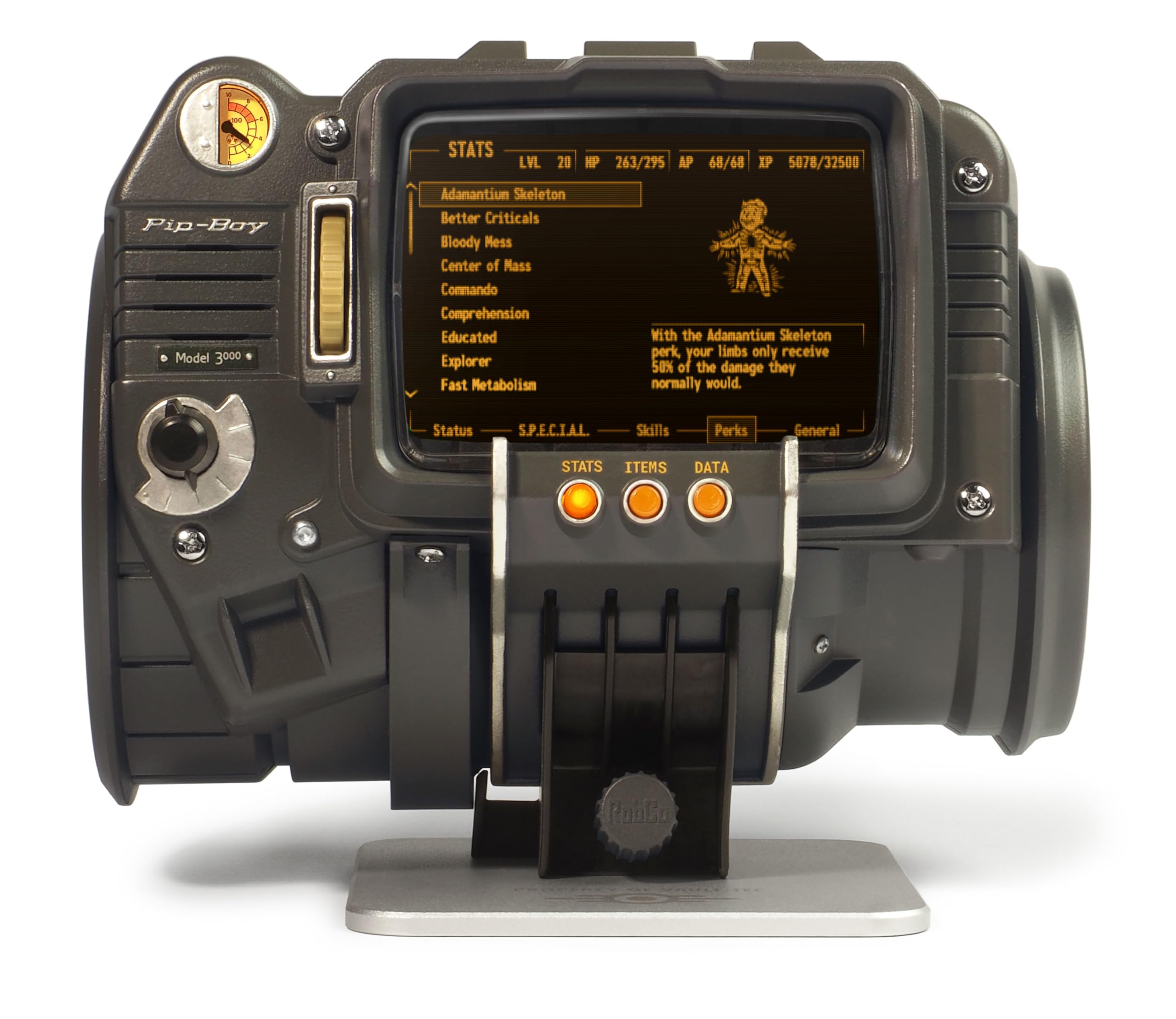 The Wand Company Pip-Boy 3000 Fallout 3 New Vegas - Réplica de radio FM y alarma, pantalla LCD, con puño y soporte de espuma viscoelástica. Licencia oficial de Bethesda.