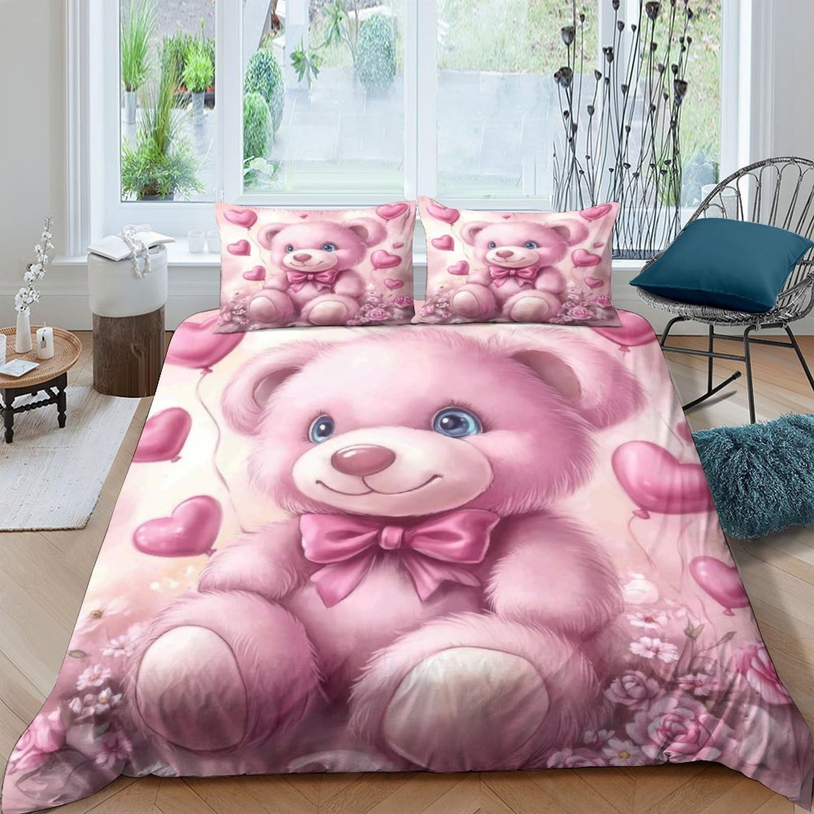 Ctjqhvkz Style-10 3D Printed Pink Teddy Bear Fitted Sheet Microfiber Soft Non Slip Bedroom Decor Heart Pattern Bed Cover For Home Dorm Use Single（135X200cm）