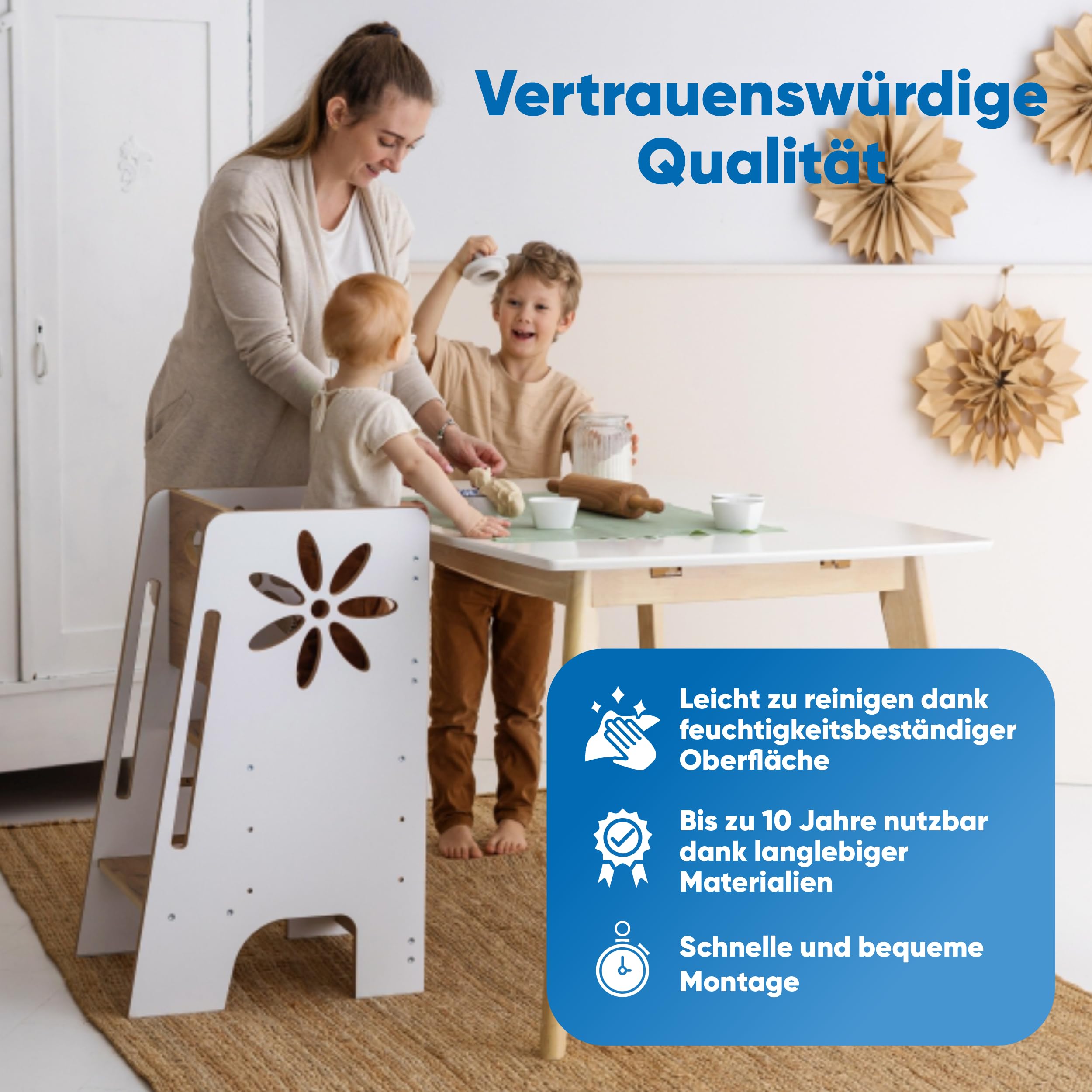 Kitchen Kids Helper Lernturm ab 1 Jahr - Höhenverstellbarer Lernturm Montessori Weiß und Eich 80cm - Sicherer Learning Tower für Kinder - Ideal für Küche & Bad - Stabile Konstruktion -Leichter Aufbau