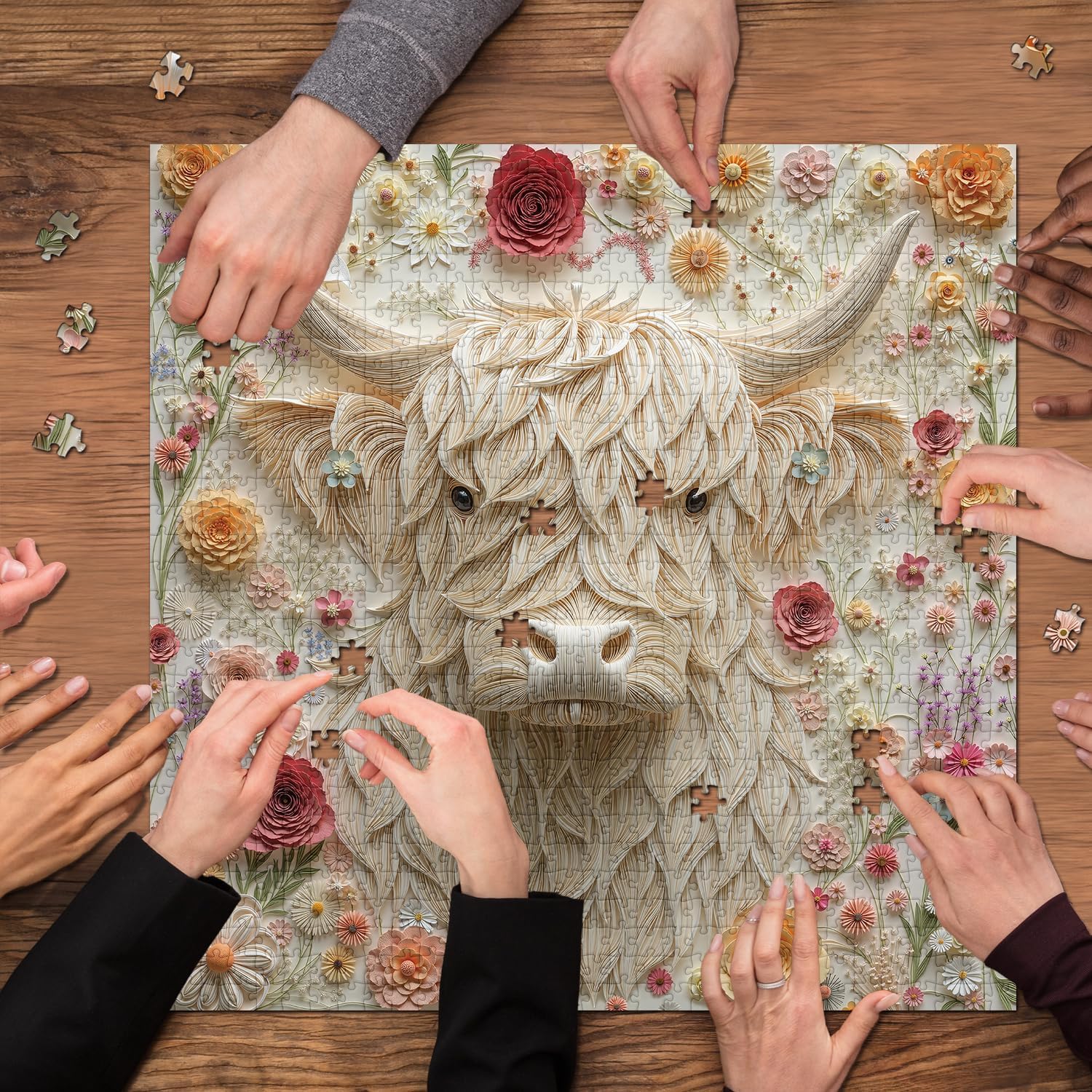 Highland Cow Puzzles for Adults 1000 Pieces, Colorful Floral Paper Art Jigsaw Puzzle, Nature Flower Garden Animal Puzzle