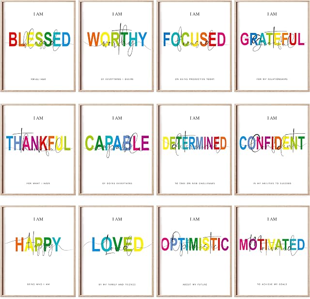 12 PCS Inspirational Wall Art, Minimalist Motivational Quotes Mindset Wall Decor Positive Sayings in Black & Colorful Encouragement Words Poster for Office, Bedroom, Living Room (8 x 10, Unframed)
