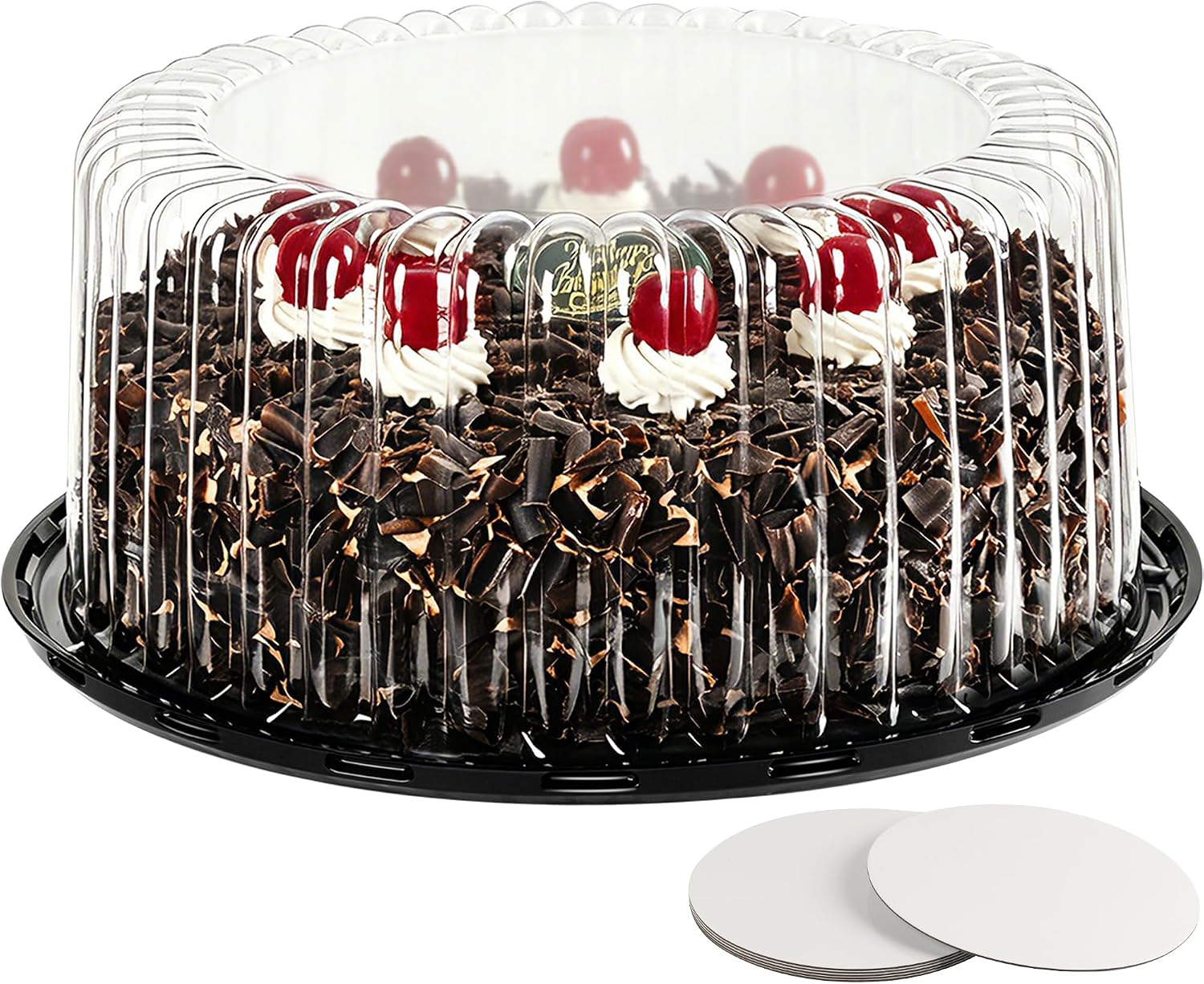 6-Pack Cake Carrier Holder Container for 10 Inch Round Cakes - Plastic Disposable Cake Containers, Take Out Storage w/Clear Dome Lids, Black Base Serving Trays, White Cake Boards, 12 x 5 Inches