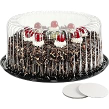 6-Pack Cake Carrier Holder Container for 10 Inch Round Cakes - Plastic Disposable Cake Containers, Take Out Storage w/Clear Dome Lids, Black Base Serving Trays, White Cake Boards, 12 x 5 Inches