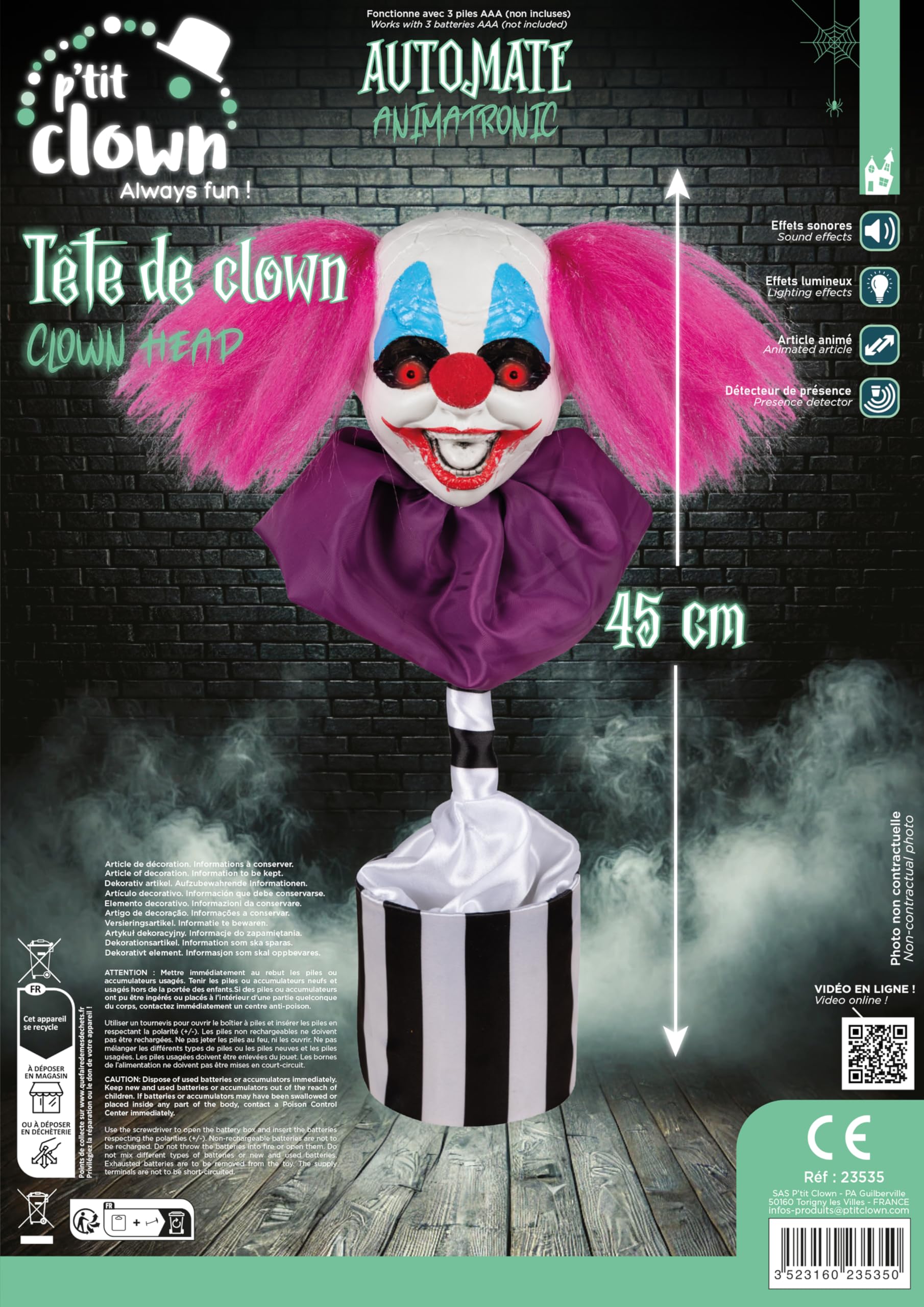 P'TIT CLOWN - 23535 - Automate Clown Halloween - Animatronique - Animatronics - Tête de Clown Animée, Sonore et Lumineuse - Parfait pour Une Décoration Effrayante - 45 cm - Piles Non incluses
