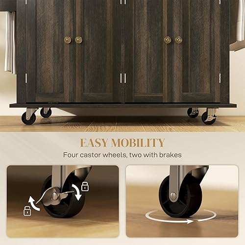 Miniatura 6 de HOMCOM Carrito de isla de cocina con parte superior de madera de goma, mesa de isla de cocina con ruedas con cajones, estantes ajustables, estante