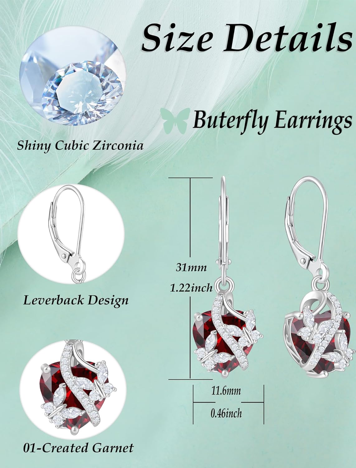 Butterfly Earrings for Women 925 Sterling Silver Heart Earring Birthstone Jewelry