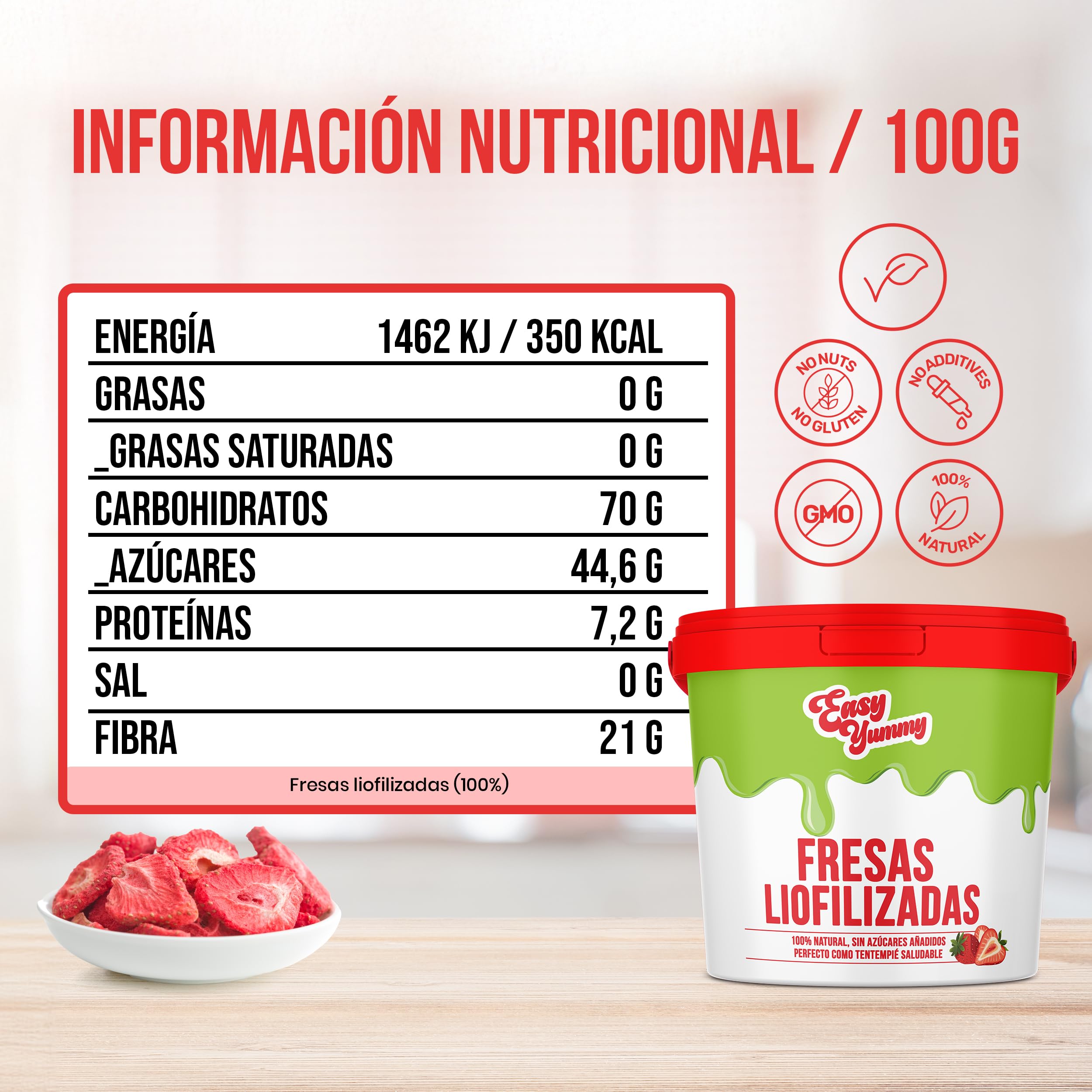 EASY YUMMY - Fresas liofilizadas (300 g), fresas deshidratadas 100% crujientes sin azúcares añadidos, perfectas para aperitivos, muesli y repostería.