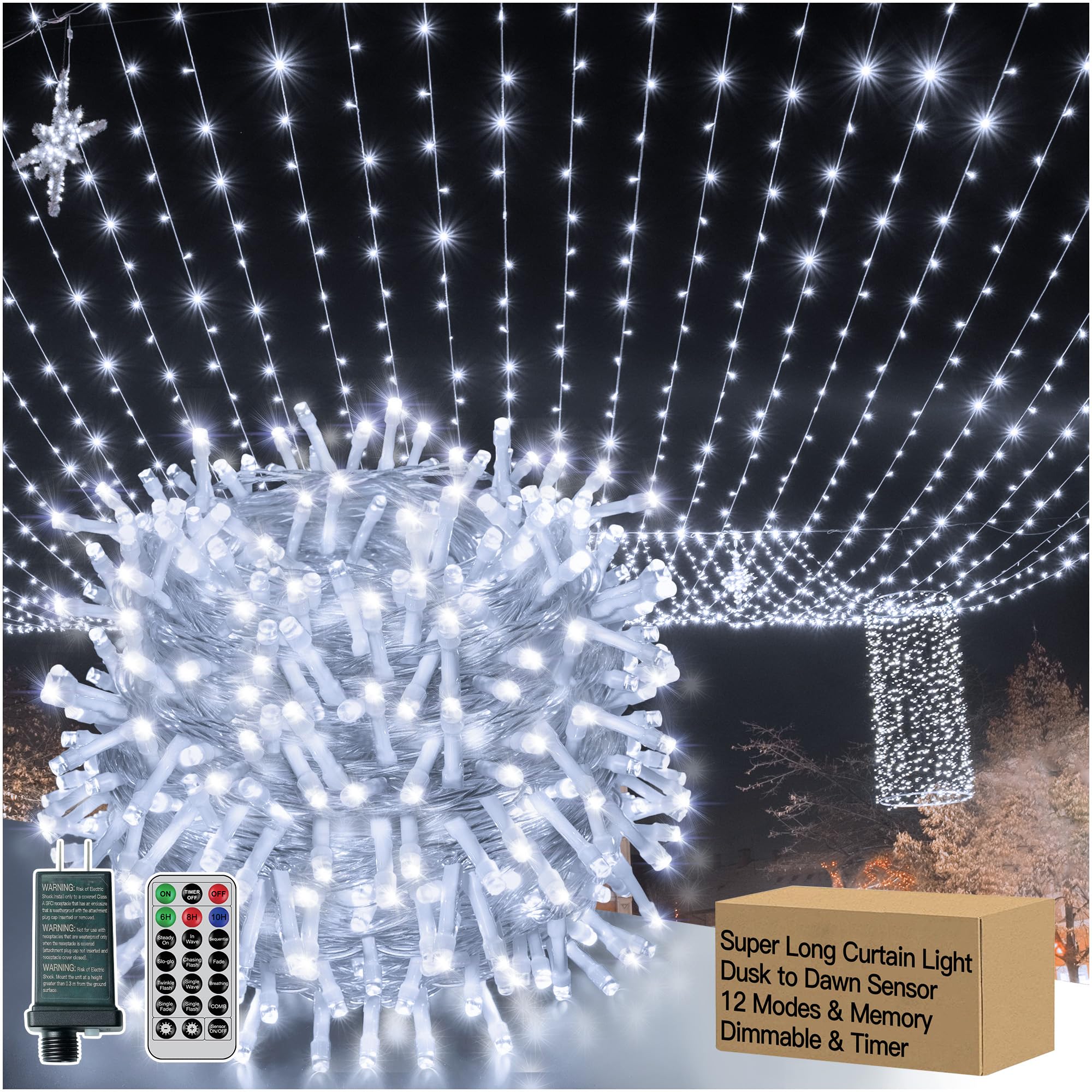 Ccinny 12 Modes 1000 LED 9.8ftx32.8ft Dusk to Dawn Outdoor Curtain