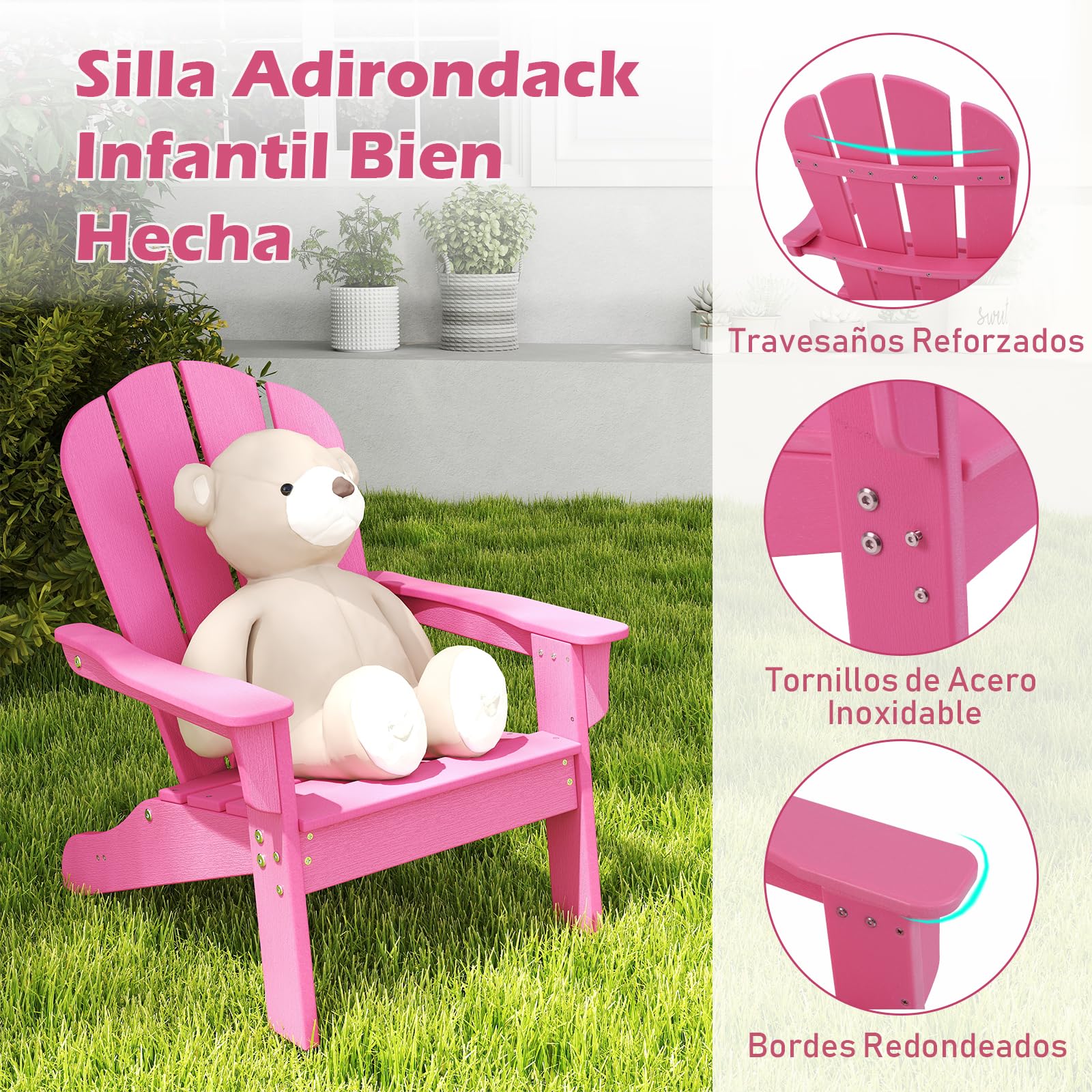 GOPLUS Silla Adirondack para Niños, Silla de Ocio de HDPE para Todo Tiempo con Asiento Ancho, Respaldo, Apoyabrazos, Ángulo de Elevación de 105°, Sillón de Exterior Infantil para 3-8 Años (Rosa)