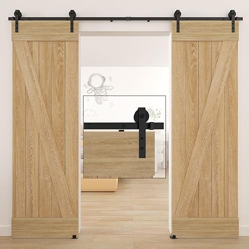 Miniatura 1 de DaAzHai Kit de riel de hardware para puerta corredera de granero de 8 pies para puerta doble fácil de instalar - Pista de puerta de granero