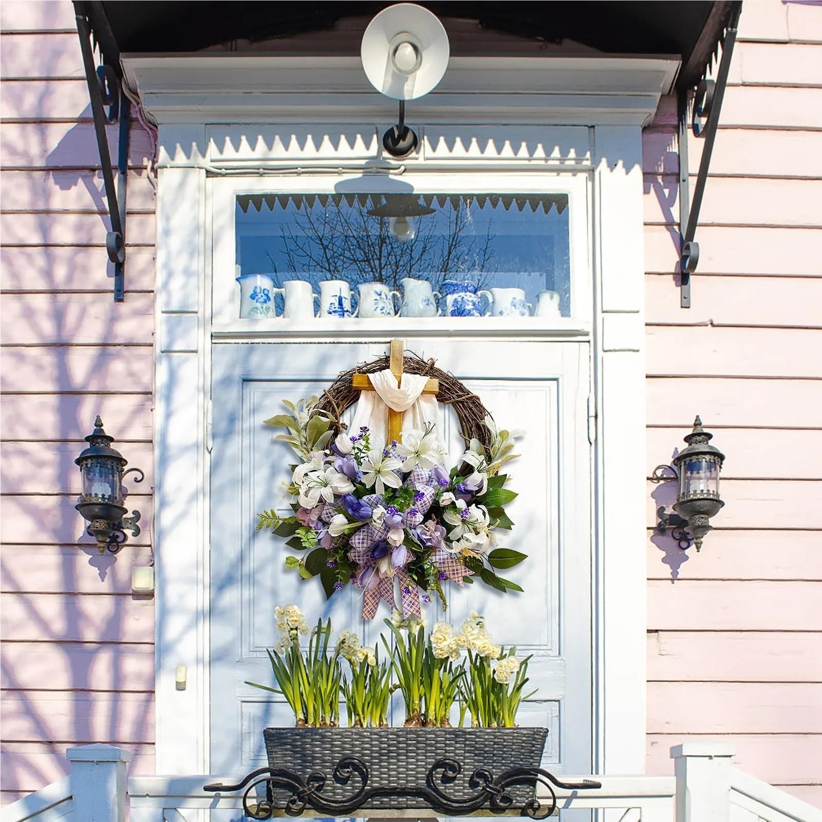 Couronne de 40 cm à Faire soi-même avec Croix, décoration printanière, Guirlande de Porte d'entrée de Pâques, décoration Murale, Couronne Artificielle for la Maison pour Mariage, Maison