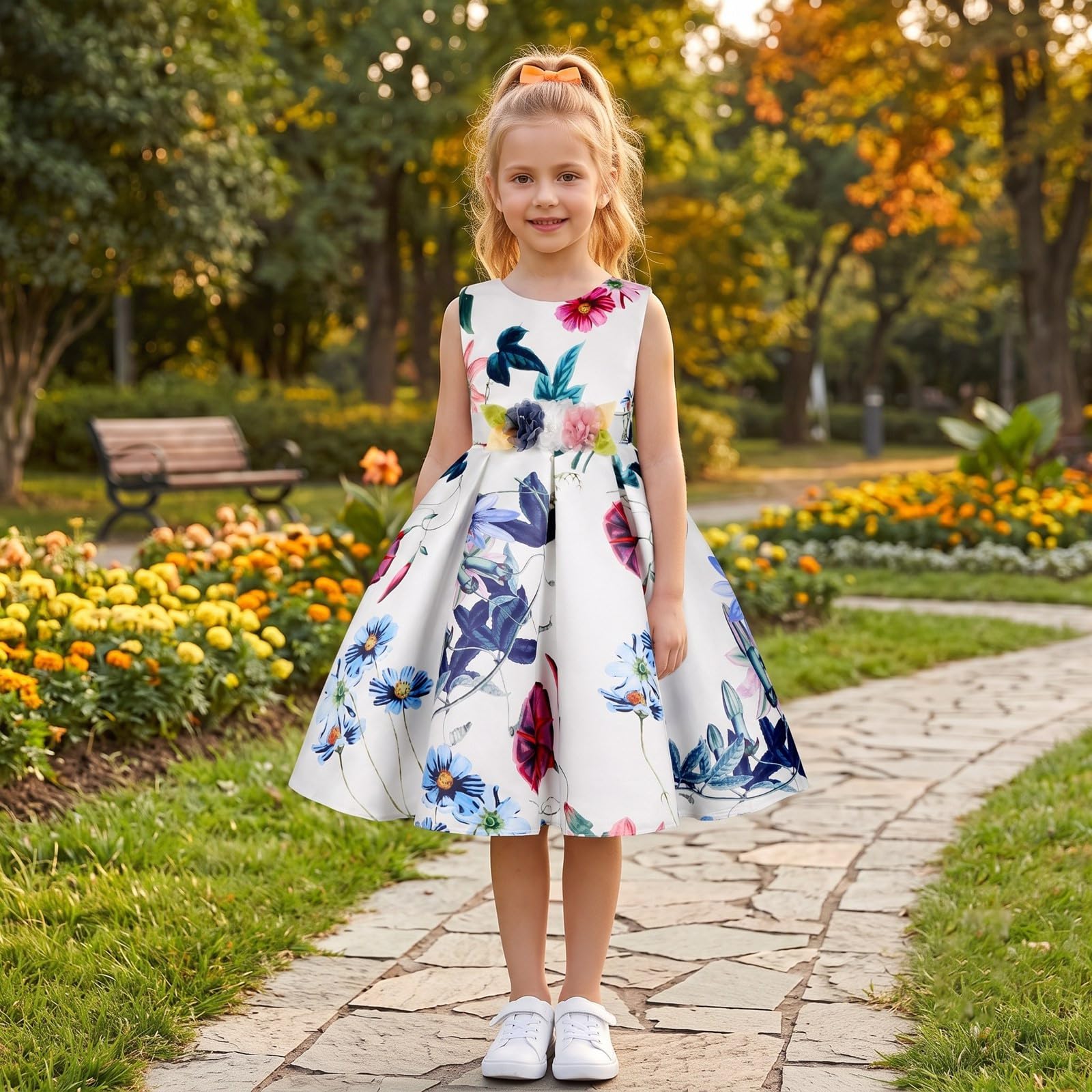 Vestido de Fiesta Infantil Atemporal con Estampado Floral para niñas: Elegante Vestido de Fiesta de Manga Corta para Fiestas y Ocasiones Especiales.