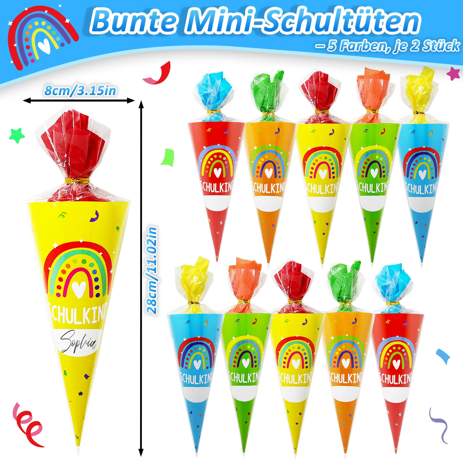 Sacchetti per la scuola 28 cm, mini sacchetti da riempire, zucchero colorato