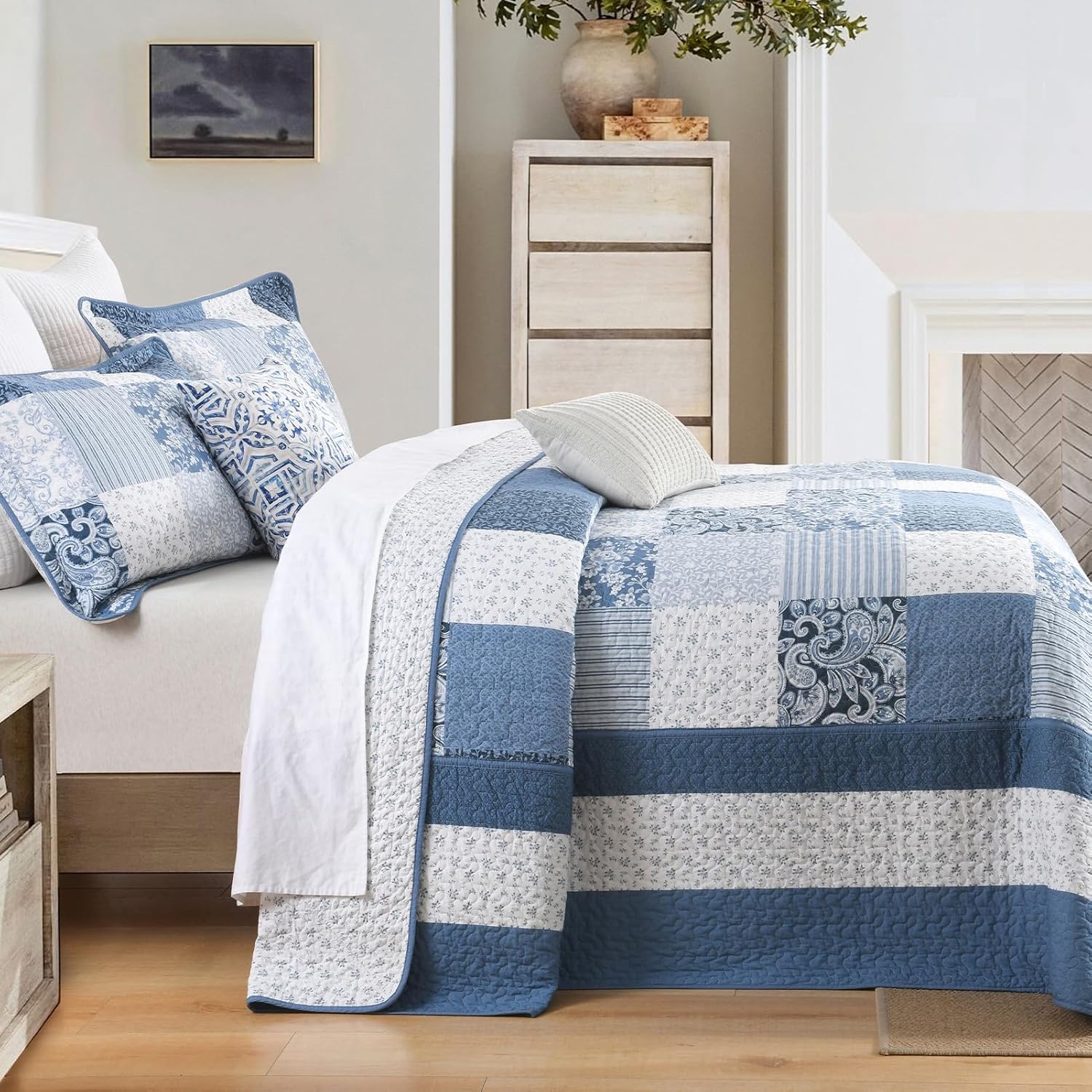 SahSahCasa 100% Cotton 120"x102" Oversized Queen Bedspread Coverlet Quilt Set, Plaid Paisley Floral Extra Large Reversible XL Bed Spread Lightweight Comforter, Blue/White/Gray