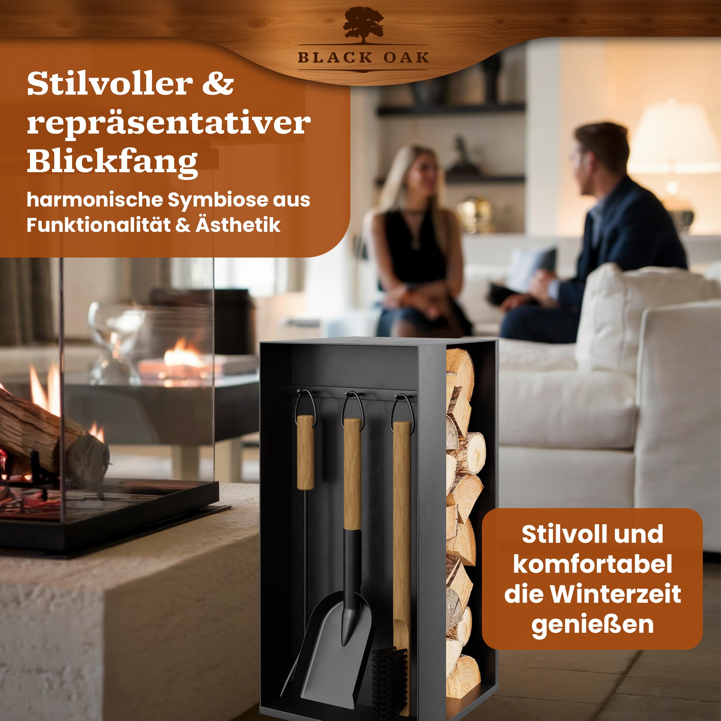 BLACK OAK Kaminbesteck ASPEN 4-teilig - praktisches & repräsentatives Ofenbesteck Set schwarz mit Holzgriff 4 teilig Ständer + Schürhaken Ascheschaufel Kaminbesen Stahl Kaminzubehör Besteck für Ofen