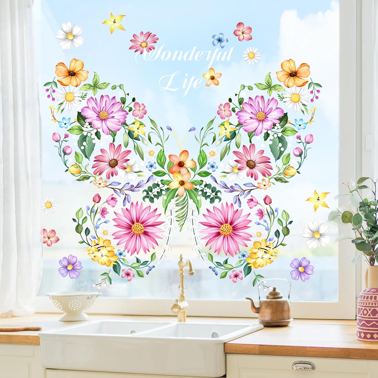 Supzone Colorful Flower Butterfly Window Clings Decals Double Sided Wildflower Spring Summer Window Decals Anti-Collision Glass Doors Mirror Stickers for Home Store Party Decorations