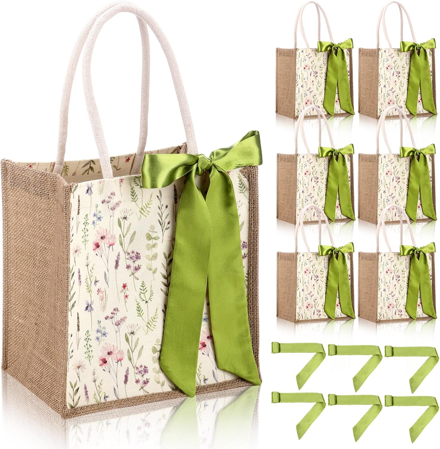 Paterr Burlap Tote Bags for Bridesmaid Reusable Jute Gift Bags with Handle and Silk Ribbon Wildflower Mini Tote Bag for Women