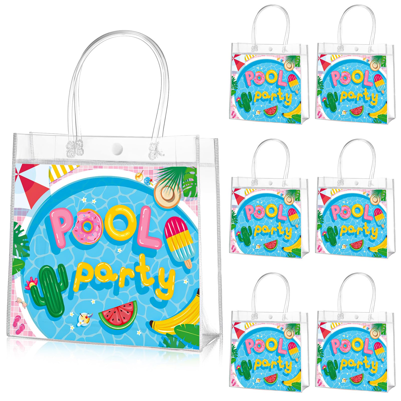 Aliceset 20 Pcs Pool Party Clear Favor Bags with Handles Swimming Themed Waterproof Goodie Bags for Pool Swimming Summer Party Birthday Baby Shower Supplies, 8 x 8 x 3. 15 Inch