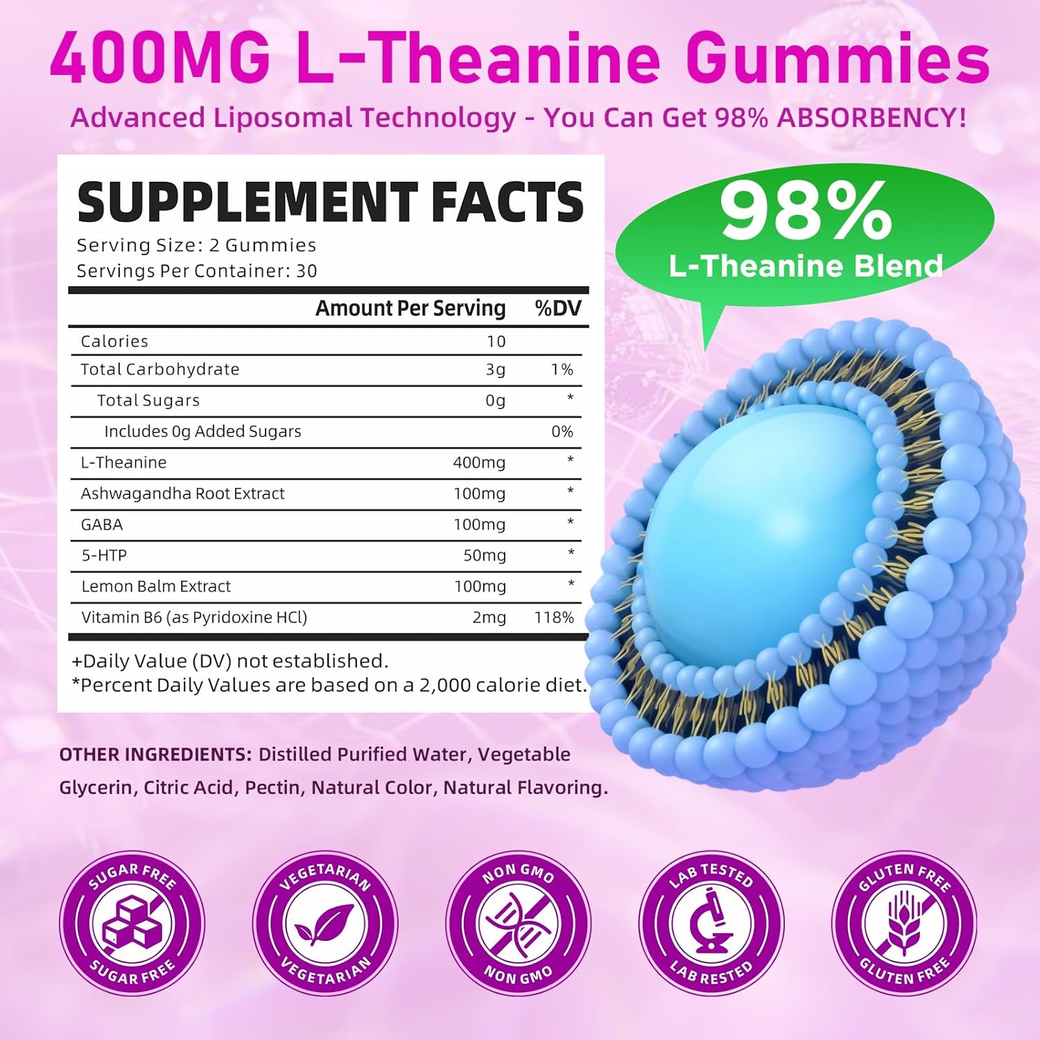 L-Theanine Gummies for Kids & Adults, L'Theanine 400mg with Ashwagandha, GABA, 5HTP, L Theanine Supplement for Calm, Zzz & Relaxation Support, Raspberry Flavor, 60 Counts - Image 2