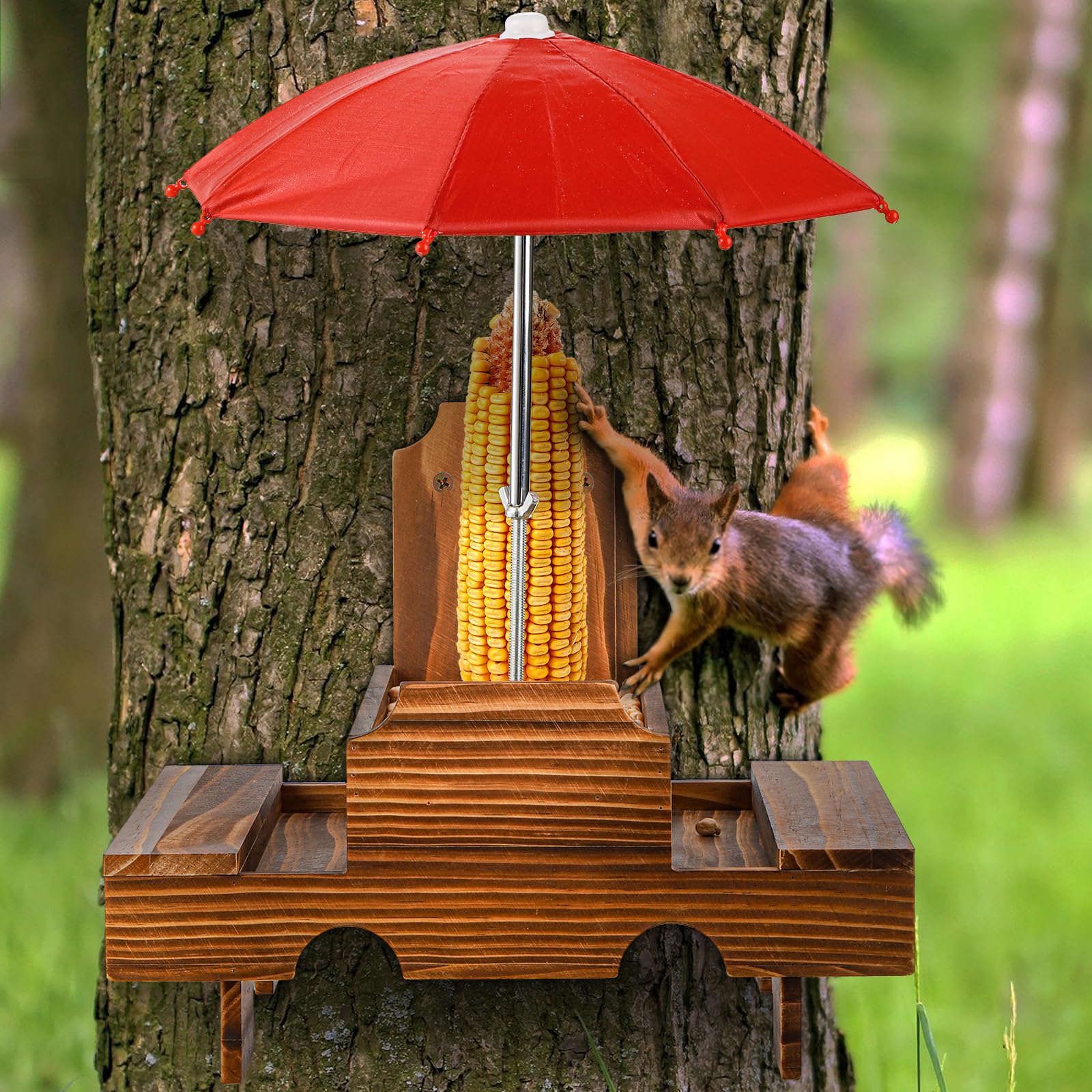 YOUEON Wooden Squirrel Feeder with Umbrella and Corn Cob Holder, Squirrel Picnic Table Feeder, Durable Squirrel Feeder for Outside, Garden, Gift for Squirrel and Chipmunk Lovers