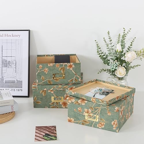 Miniatura 6 de Soul & Lane Decorative Cardboard Storage Boxes - Set of 3 Square Stacking Boxes with Lids and Gold Label Holders, Nesting Photo Storage for Decor