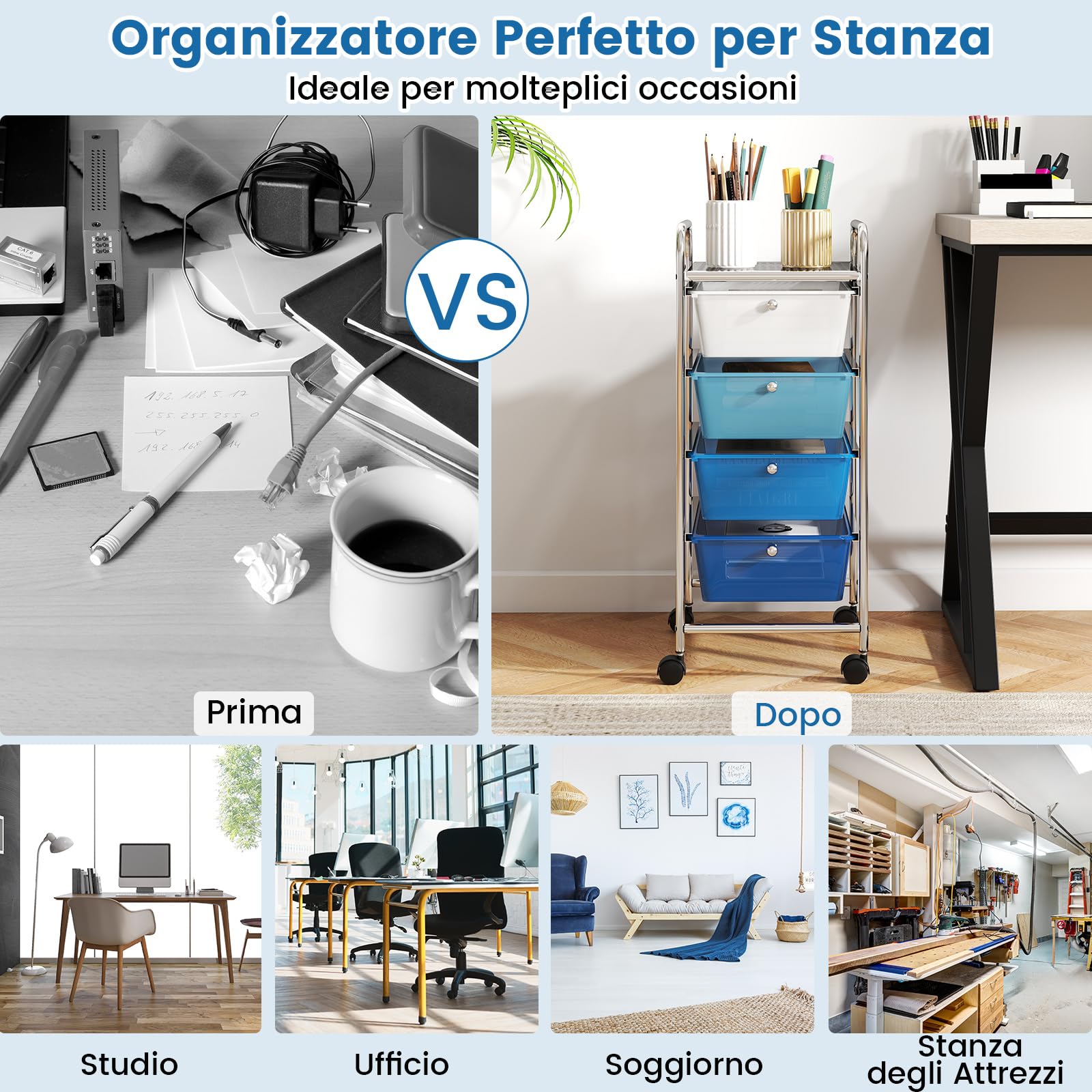 GYMAX Carrello Portaoggetti con Ruote, 4 Cassetti, Carrellino Organizzatore Salvaspazio, per Uffici, Parrucchieri, Studio, Soggiorno, 37 x 32 x 76 cm (Blu)