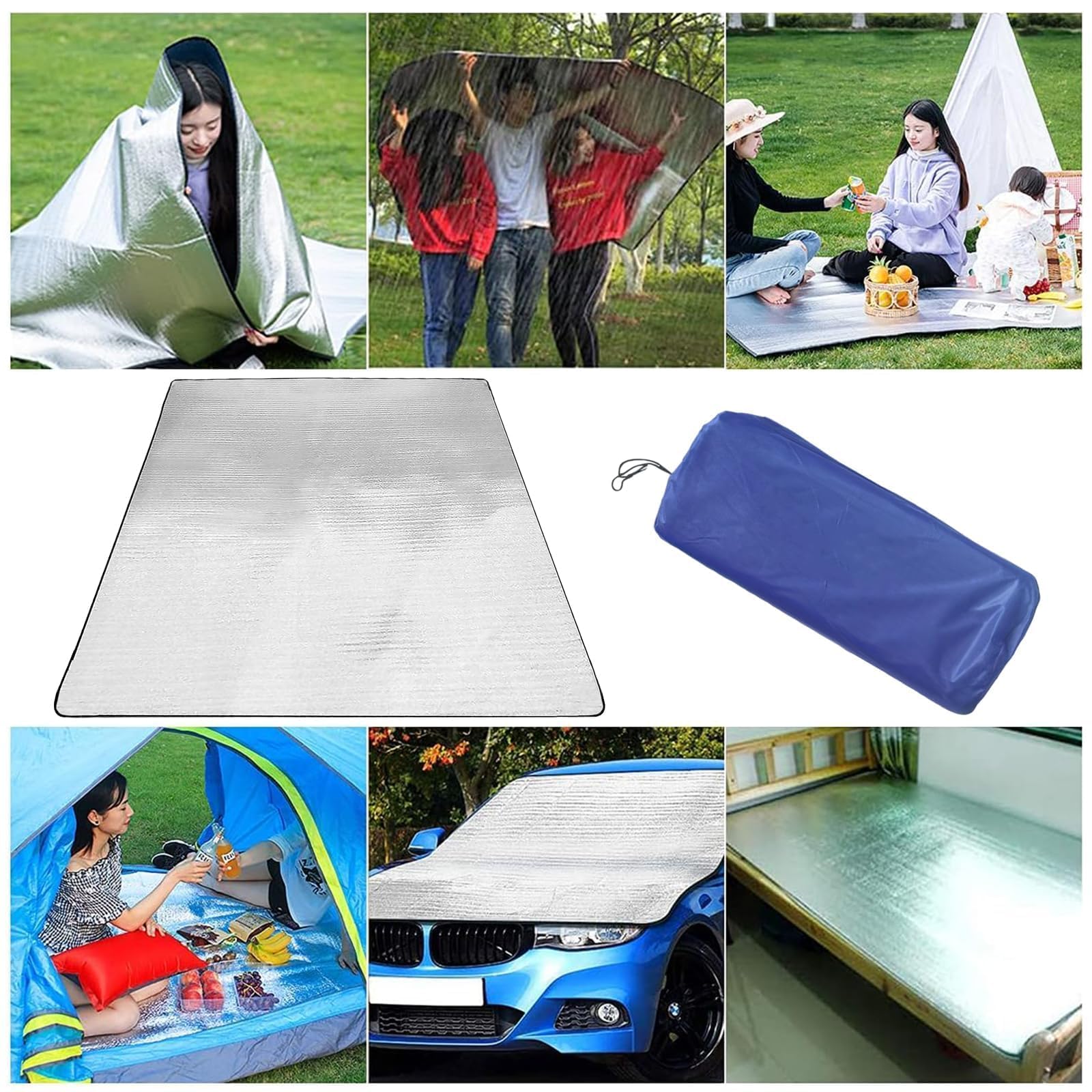 Aluminiowa karimata izolacyjna 200 x 200 cm, składana mata namiotowa, mata kempingowa z folii aluminiowej, dwustronna mata izolacyjna z aluminium, wodoszczelna mata podłogowa, na piknik, plażę