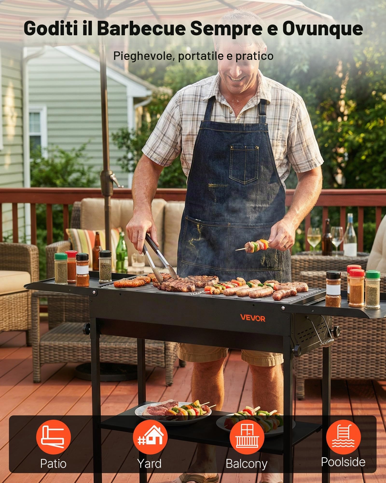 VEVOR Griglia per Barbecue a Carbonella Pieghevole, Barbecue Portatile Altezza Regolabile con Ripiani Laterali per Spezie Salsa, Griglia a Carbone BBQ da Campeggio Picnic Feste da Esterno Giardino