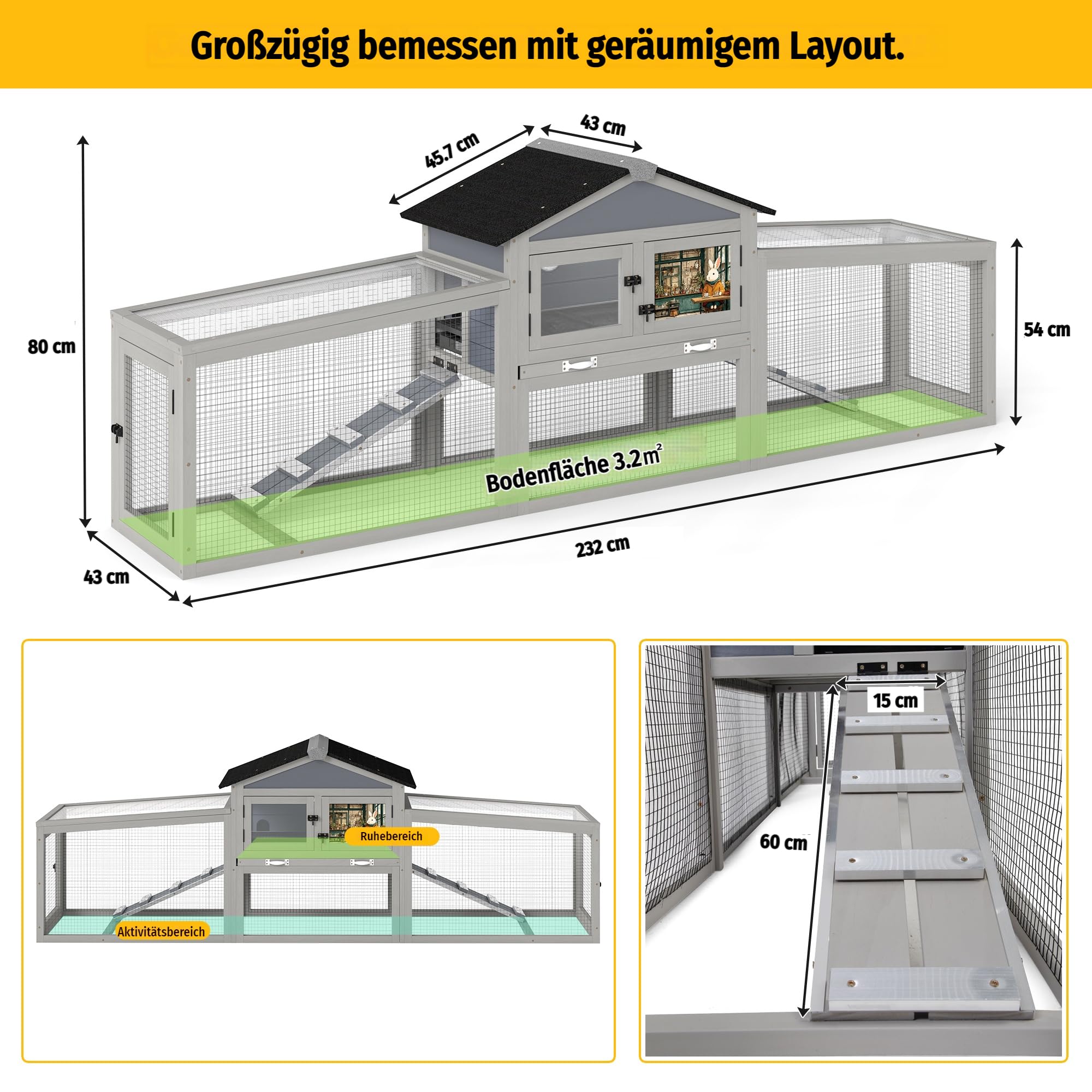 Großes Kaninchenhaus 207x47x82 cm mit Freilaufgehege und wetterfestem Unterschlupf, zweistöckiger Stall aus Fichtenholz für Kaninchen & Kleintiere