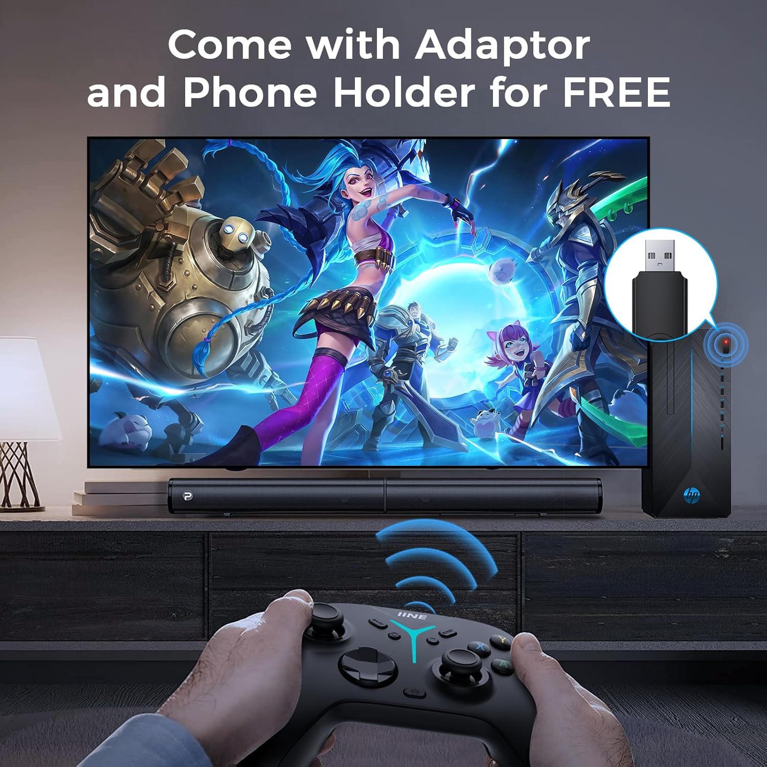 Pakkens indhold af IINE trådløs pc-controller inkluderer adapter og telefonholder