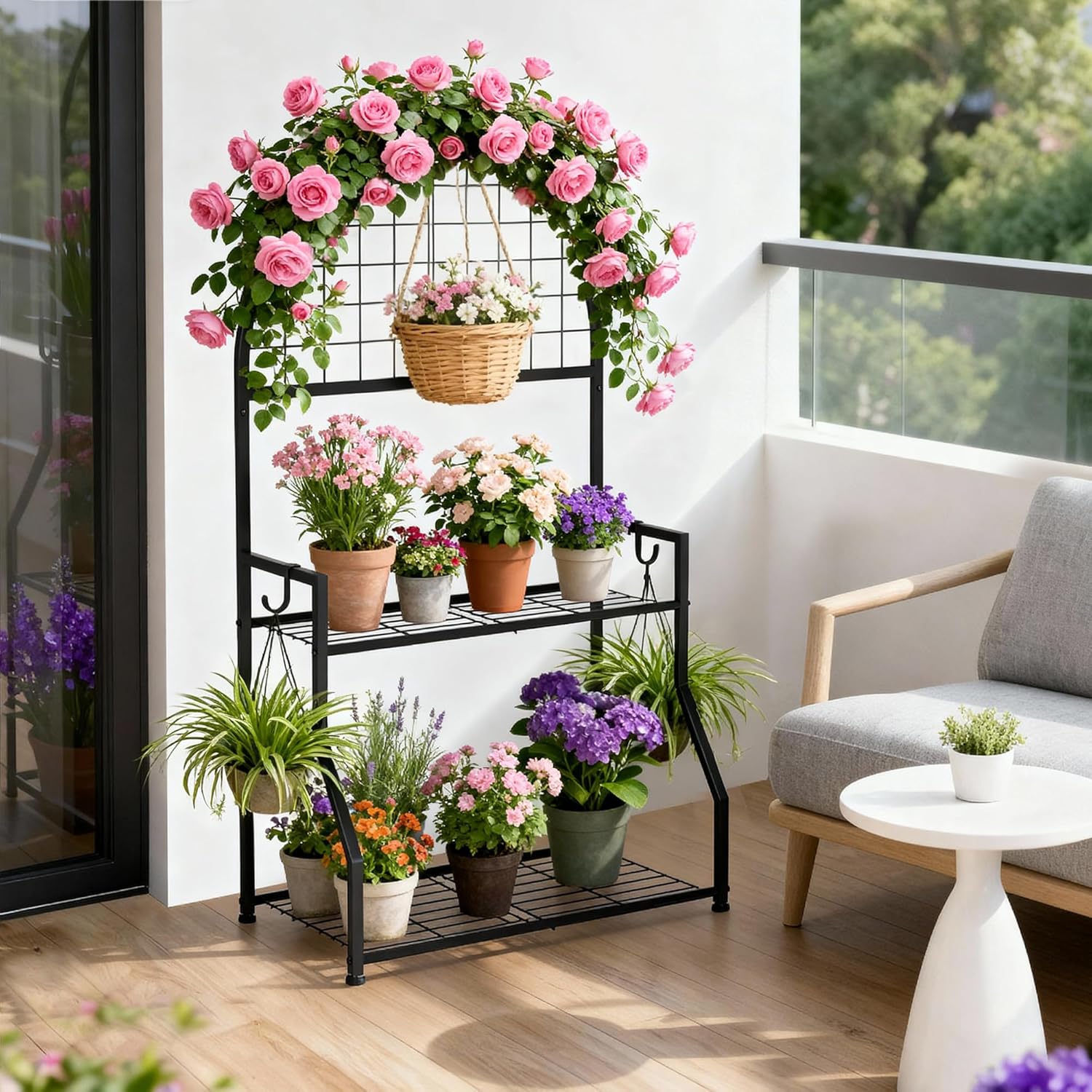 VGMiu 2 Tier Plant Stand Indoor Outdoor, Metal Plant Display Stand Plants Shelf Rack for Multiple Plants, Black Flower Plante Pots Holder for Patio Garden Balcony Living Room