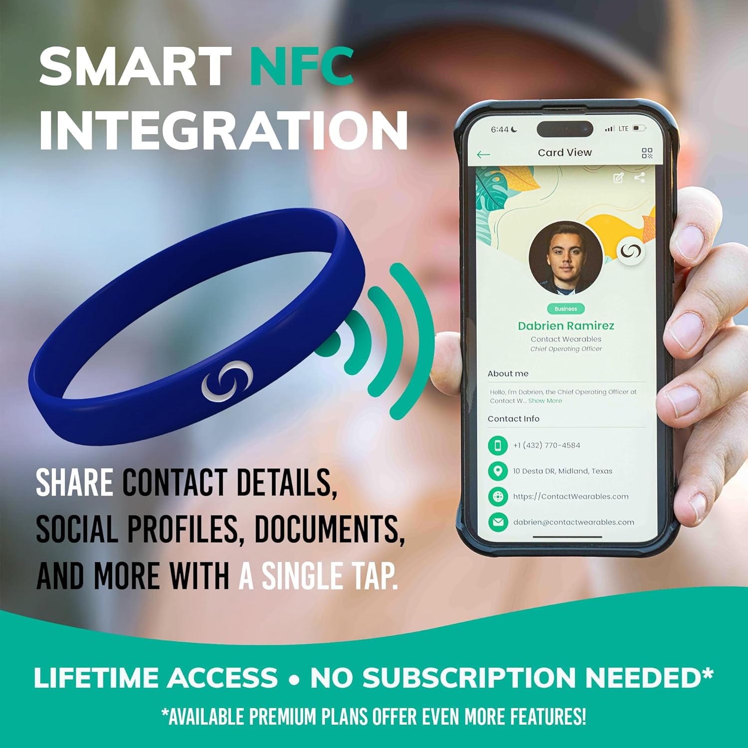 Contact CO. Smart Silicone NFC Wristband, Sleek Durable Smart Band with Instant App-Free Sharing, Seamless Band for Tech Enthusiasts and More, Blue