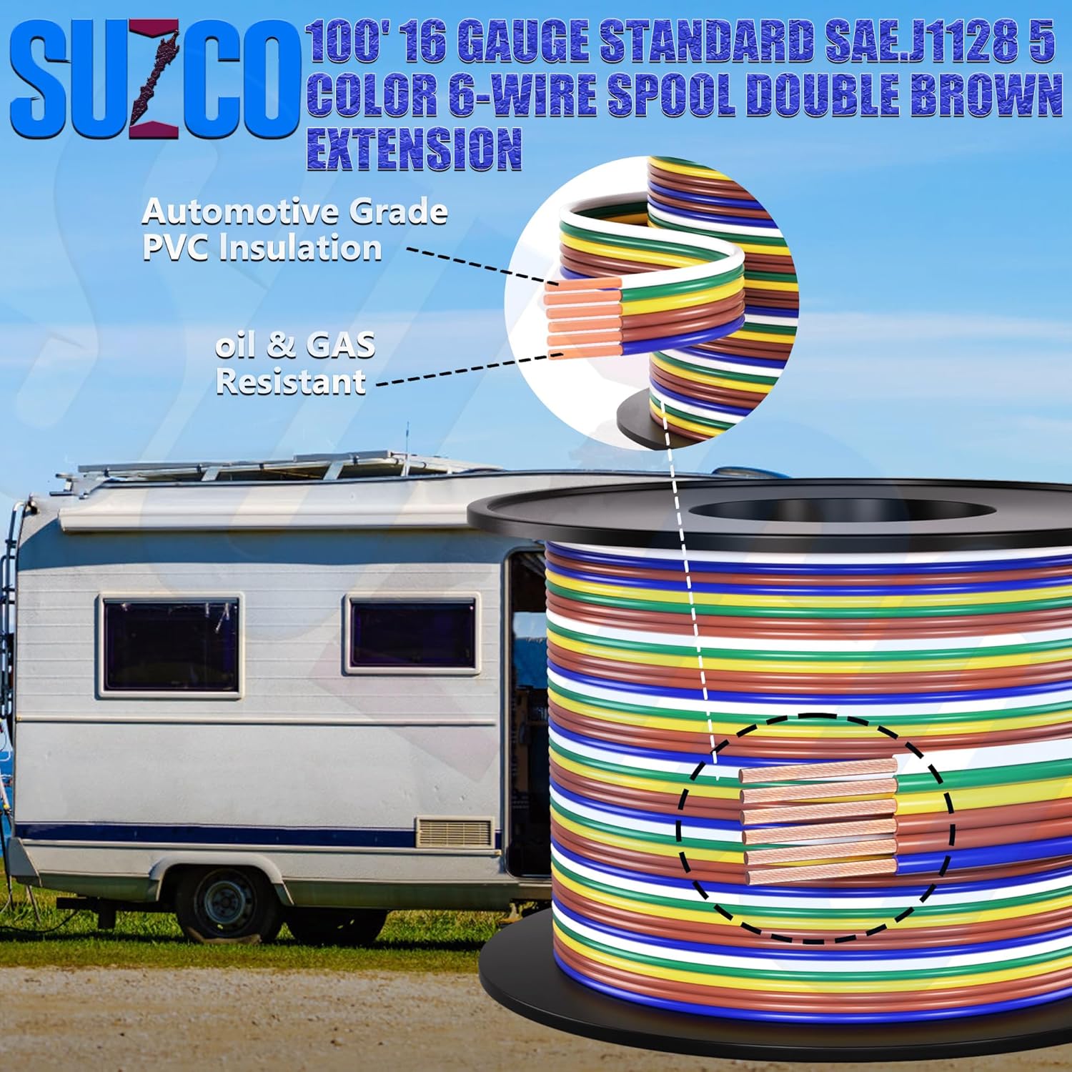 SUZCO 100Ft Enough 16AWG CCA【2-Brown-Wires】 5 Color-Coded 5-Way 6-Wire Bonded Trailer RV Camper Towing Hitch Wiriing Spool, 6-Flat Wishbone SAE J1128 for All Basic Wire Trailers