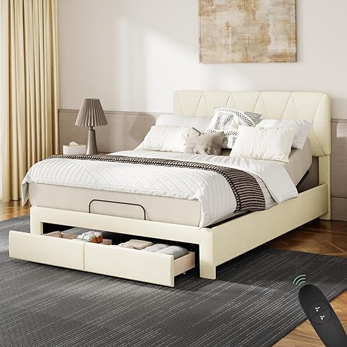 Miniatura 9 de Softa Estructura de cama Queen todo en uno ajustable con cabecero tapizado y 2 cajones de almacenamiento, cama eléctrica con control remoto y motor