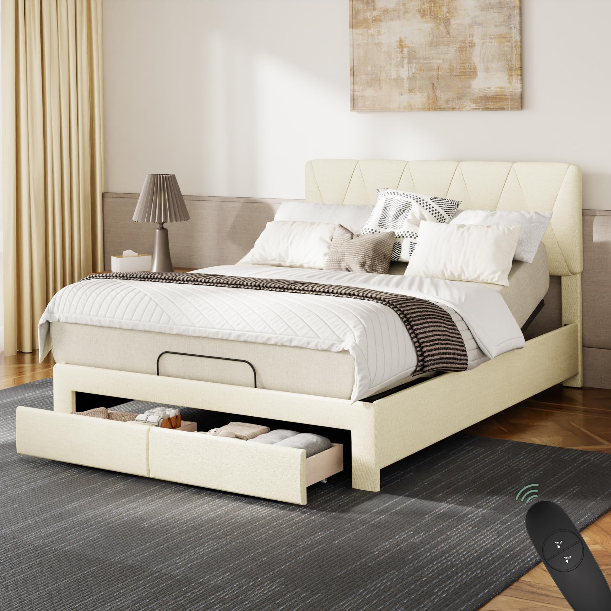 Softa All-in-One Adjustable Bed Frame Queen, Upholstered Bed Frame with Storage Drawers &amp; Headboard, SGS Certified, Zero Noise Quiet Motor, Remote Control, Head &amp; Foot Incline