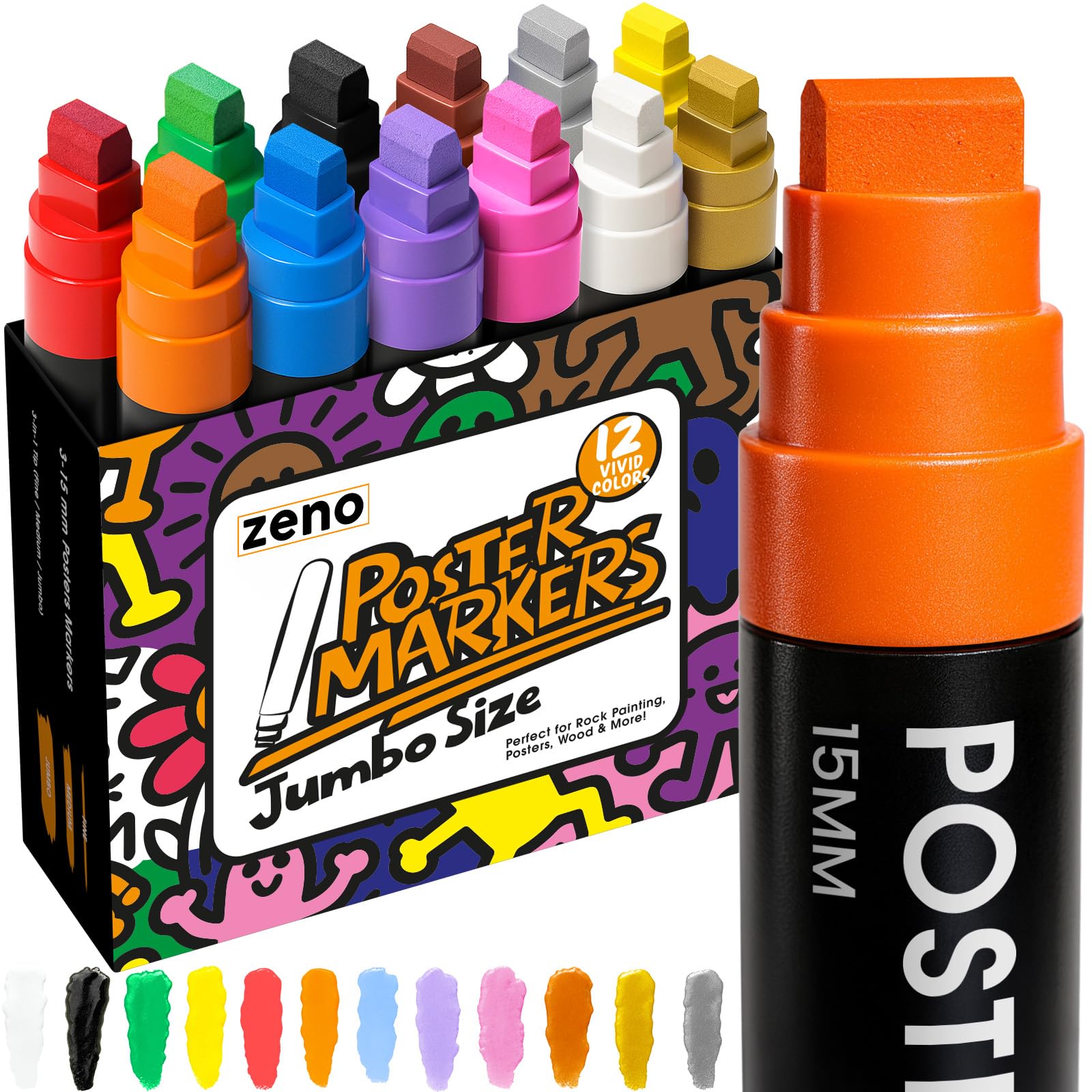 ZENO Jumbo Acrylic Paint Pens – 12 Vibrant Colours, 3-in-1 15mm Chisel Tip, Waterproof Poster Pens for Rocks, Wood, Glass, Fabric, Crafts, Thick Colouring Pens for Artists & Children GEN2