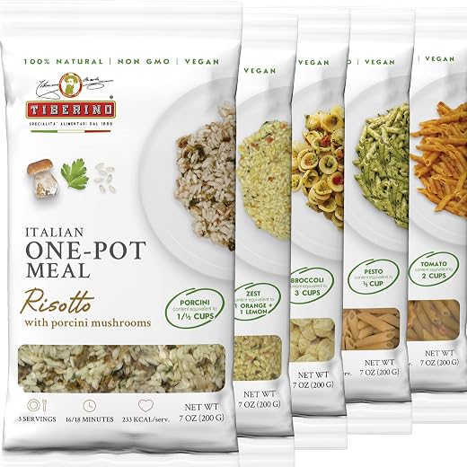 Tiberino Conf. 5 PZ: Risotto ai Funghi - Risotto agli Agrumi - Orecchiette e Broccoli - Pennette Pesto di Basilico - Pennette al Pomodoro e Basilico. Piatti pronti da cuocere, 100% naturali